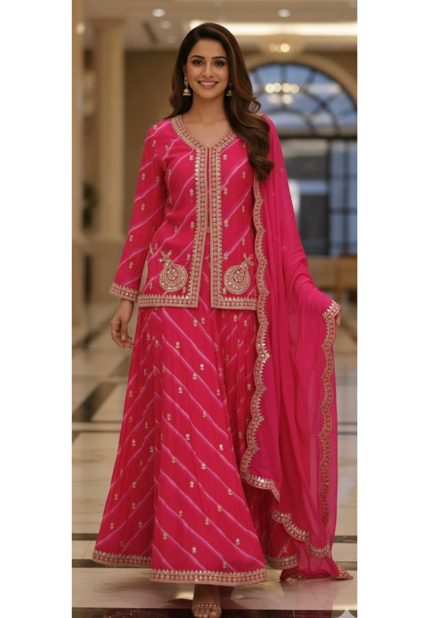 Complete Zardosi Beautifully Patterned Leheriya Short Length Kurta With Skirt Look Flared Palazzo Bottom & Bordered Dupatta In Chinon Fabric
