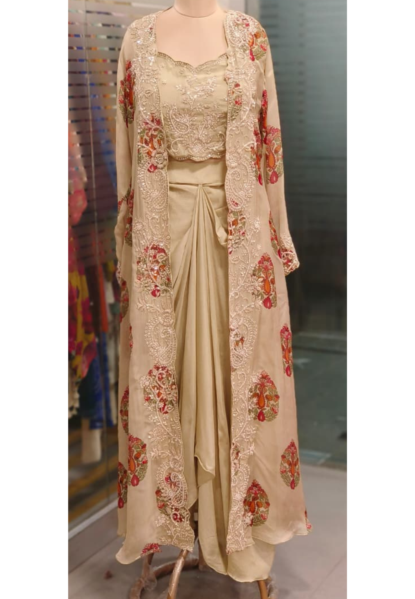 Pastel Elegance Mini Pearl Floral Print Shrug With Buster & Drape Skirt