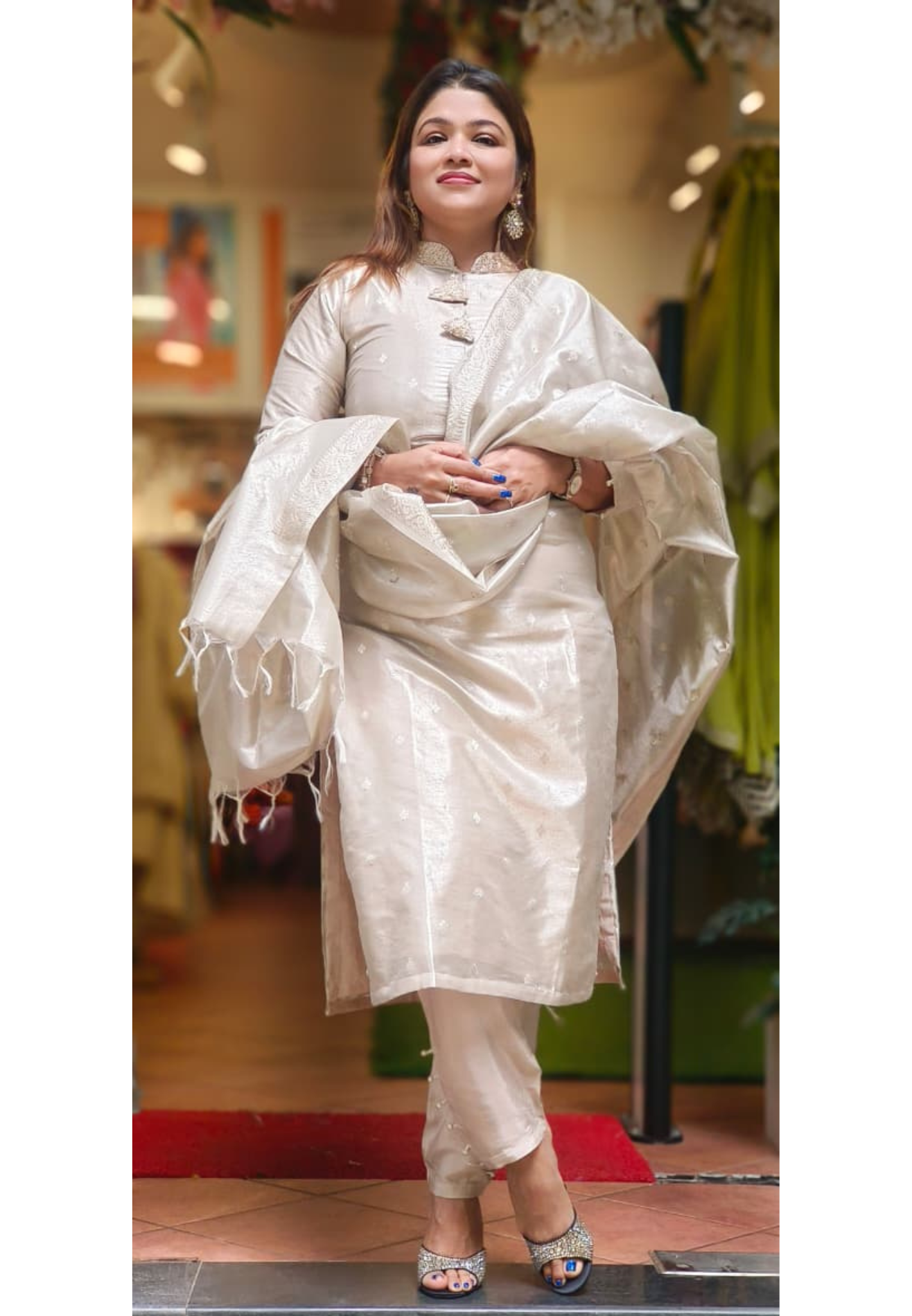 Golden Elegance Zardosi Work Tasseled Full Suit Set With Dupatta In Tissue Fabric-12018