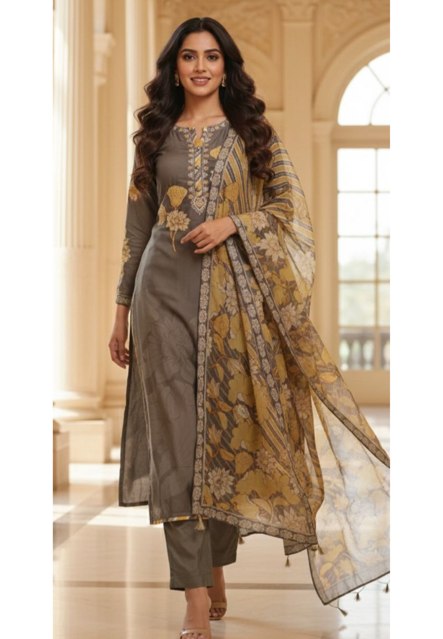 Floral Patch Elegance Off Tiny Pearl Embroidered Full Suit Set With Dupatta In Dola Silk Fabric-11996