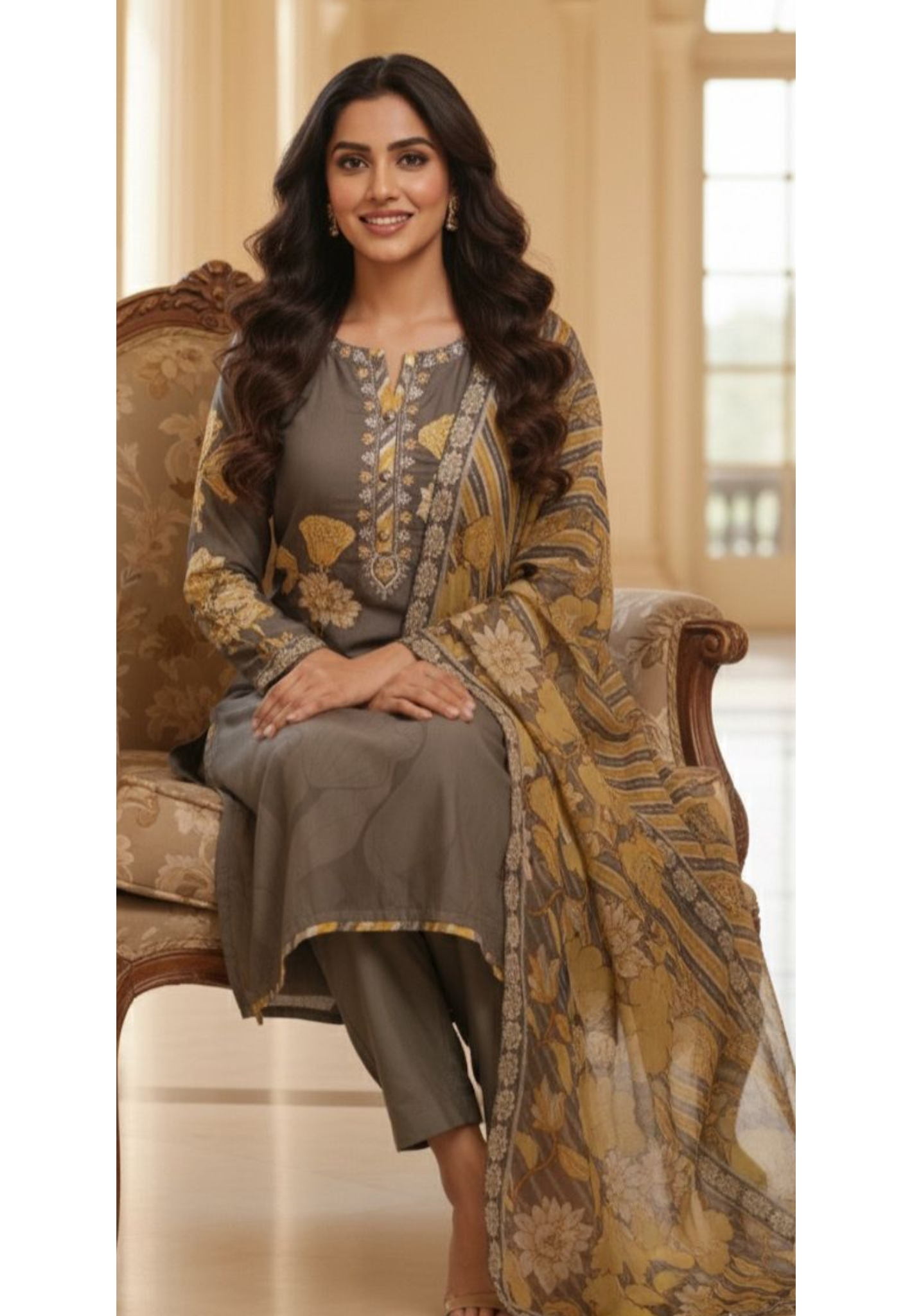 Floral Patch Elegance Off Tiny Pearl Embroidered Full Suit Set With Dupatta In Dola Silk Fabric-11996