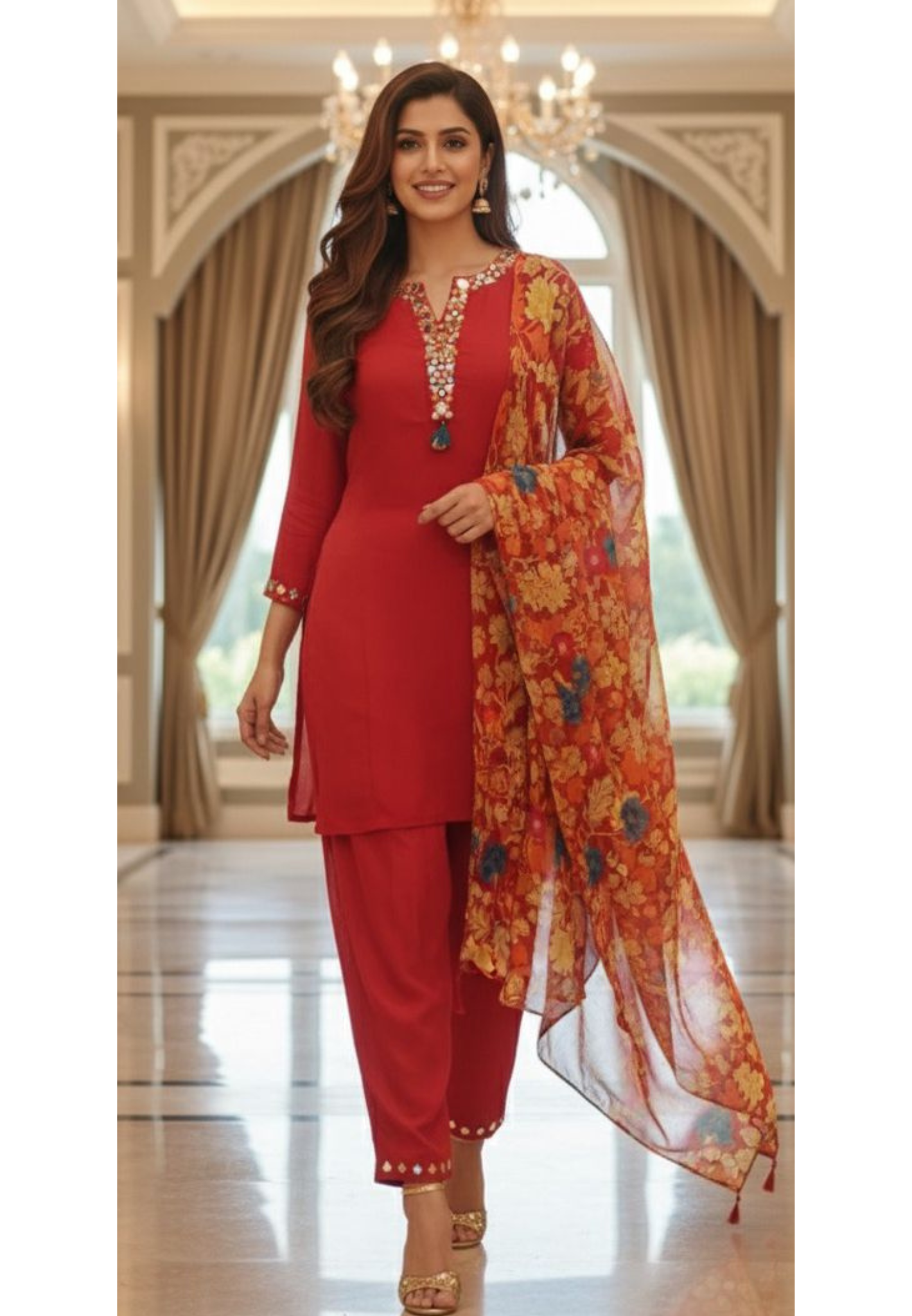 Real Mirror Over Thread Coil Neck Line Full Suit Set With Floral Dupatta In Chinon Fabric-1201,