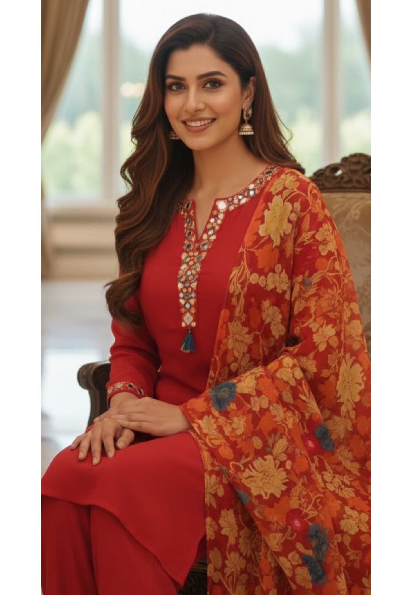 Real Mirror Over Thread Coil Neck Line Full Suit Set With Floral Dupatta In Chinon Fabric-1201,