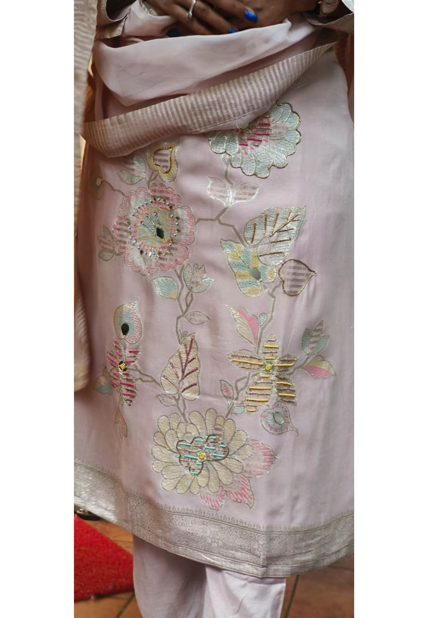 Neck Piece Look Floral Patch With Outline Work Full Suit Set With Dupatta In Silk Fabric(Lean Fit)- 11995