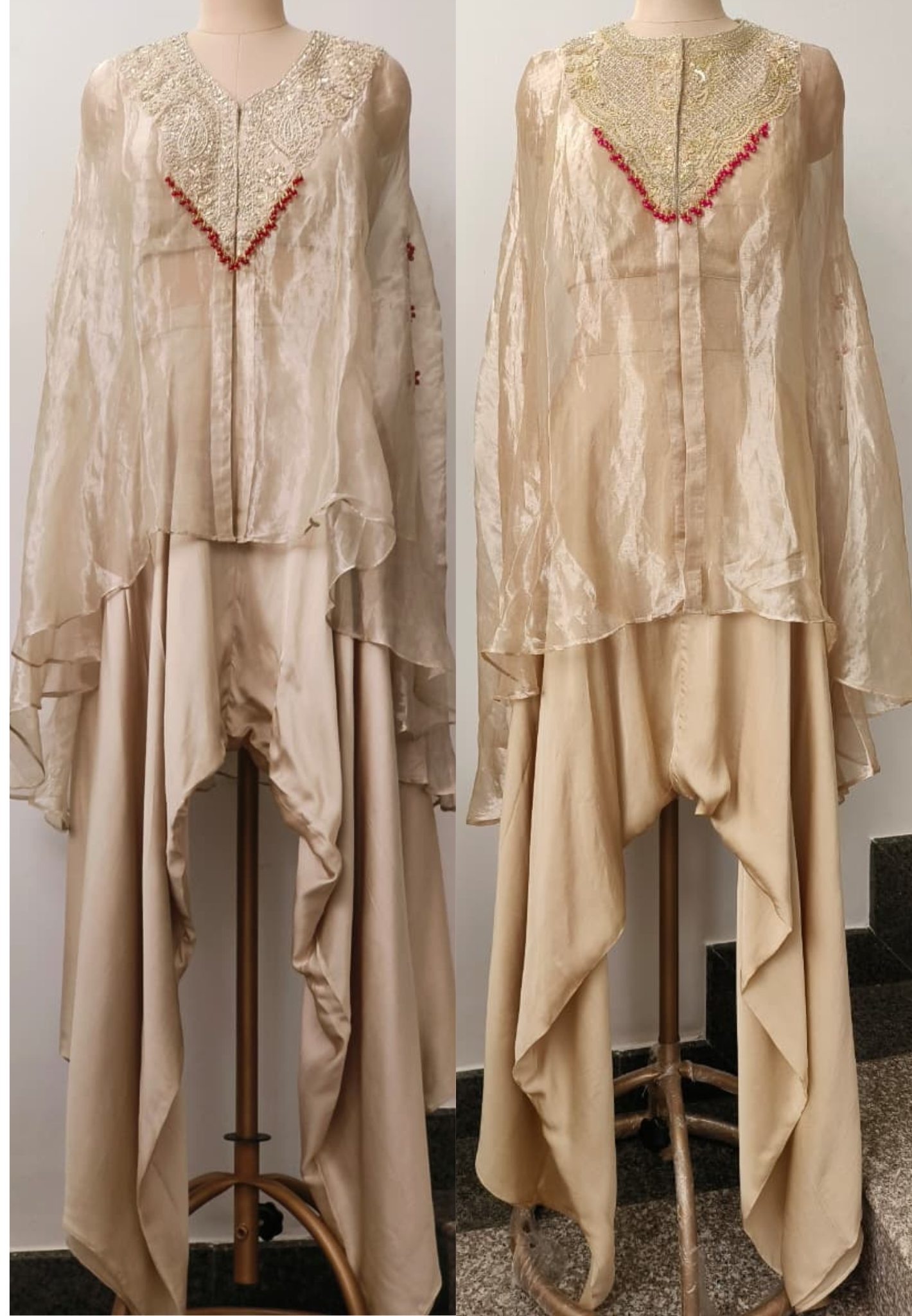 Royal Zardosi Embroidered Pure Tissue Kaftan With Padded Buster & Stylish Cowl Style Box Crepe Bottom