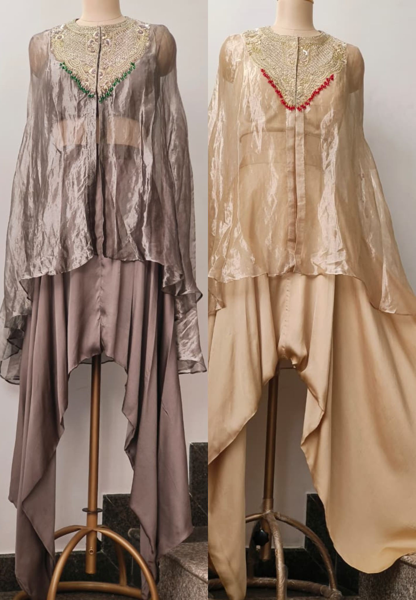 Royal Zardosi Embroidered Pure Tissue Kaftan With Padded Buster & Stylish Cowl Style Box Crepe Bottom
