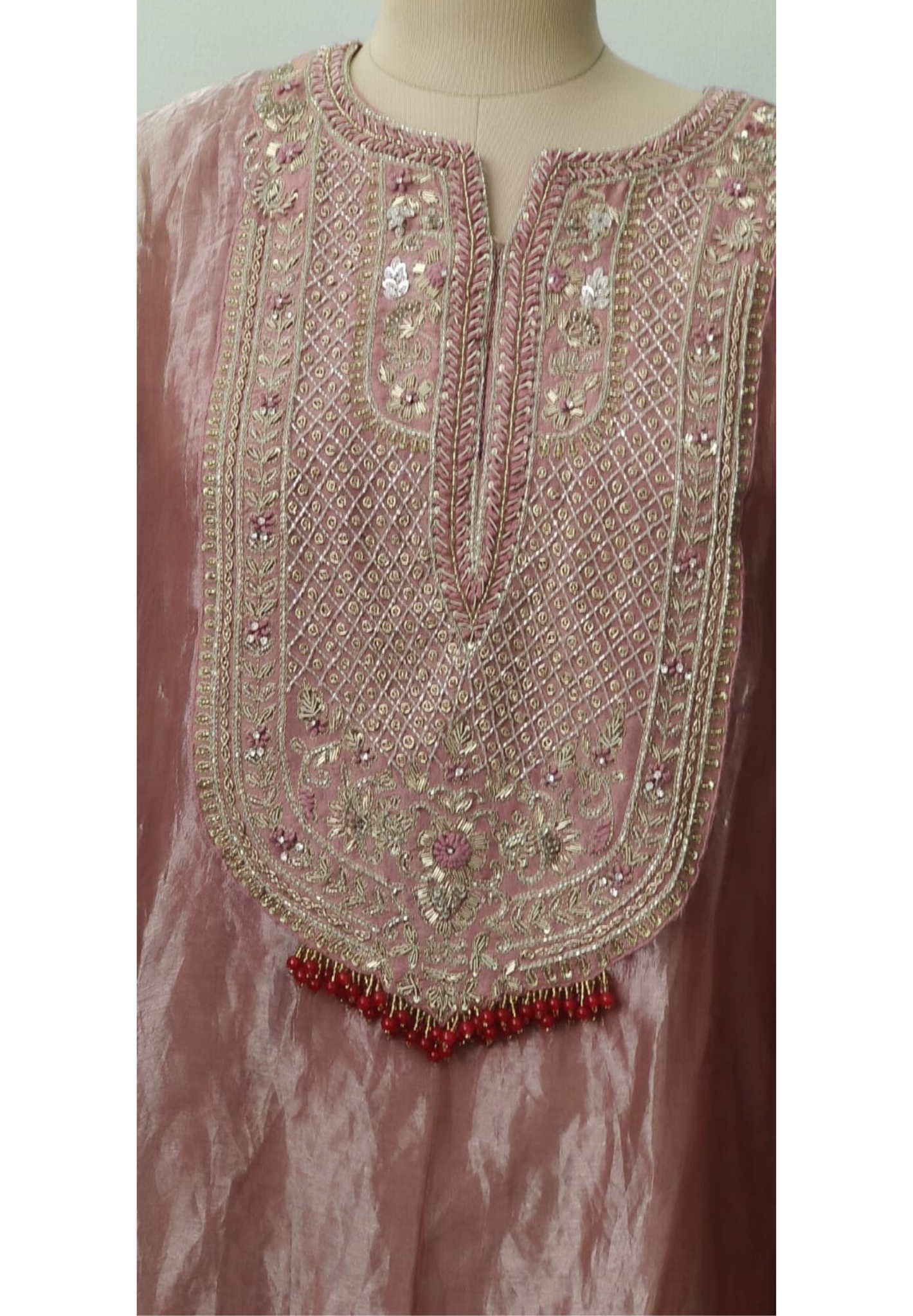 Premium Pure Tasselled Handwork Tissue Kaftan With Coordinated Inner & Bottom_12051