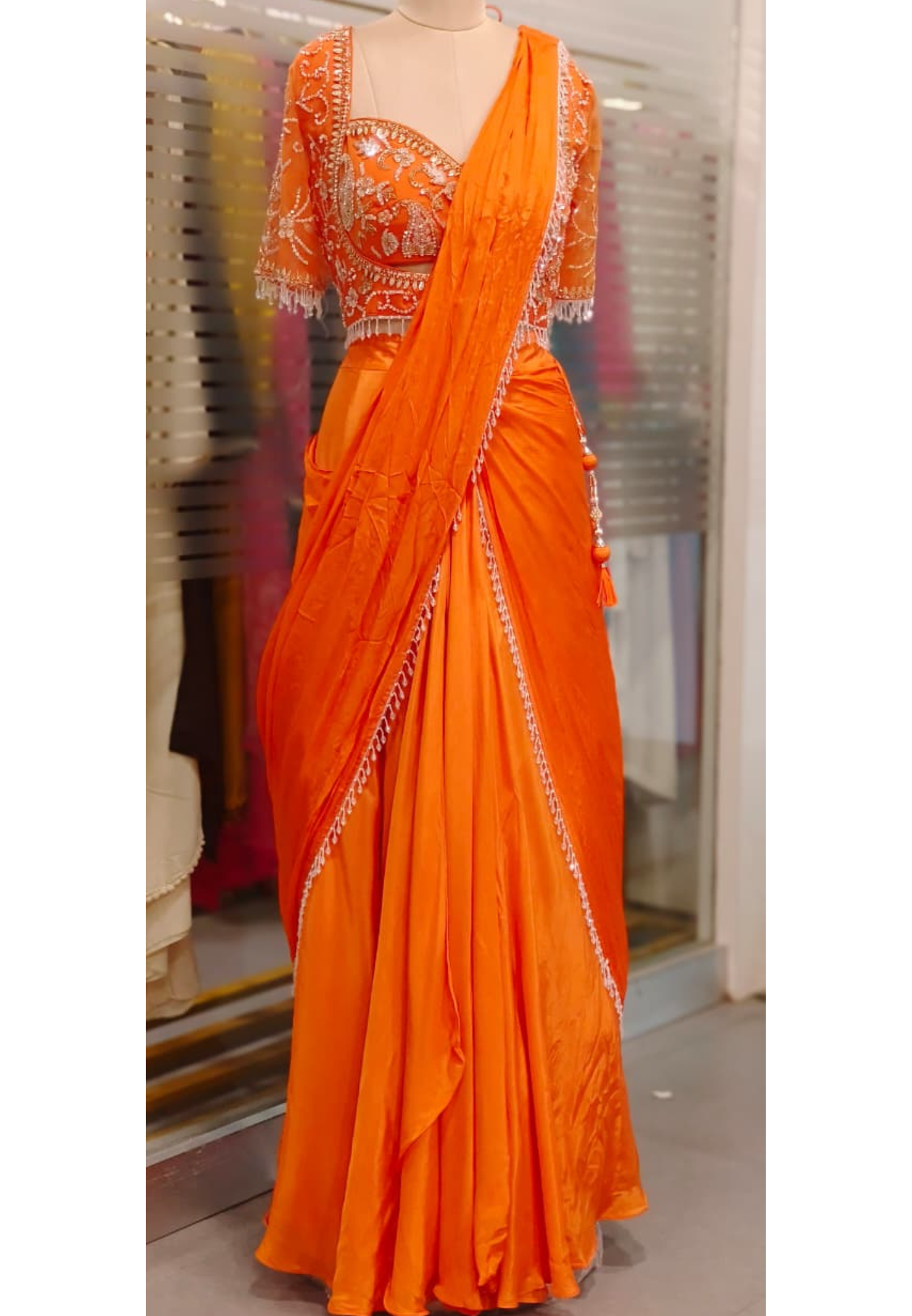 Crystal Tasselled Unique Cut Handworked Blouse With Drape Skirt Indo Western Wear