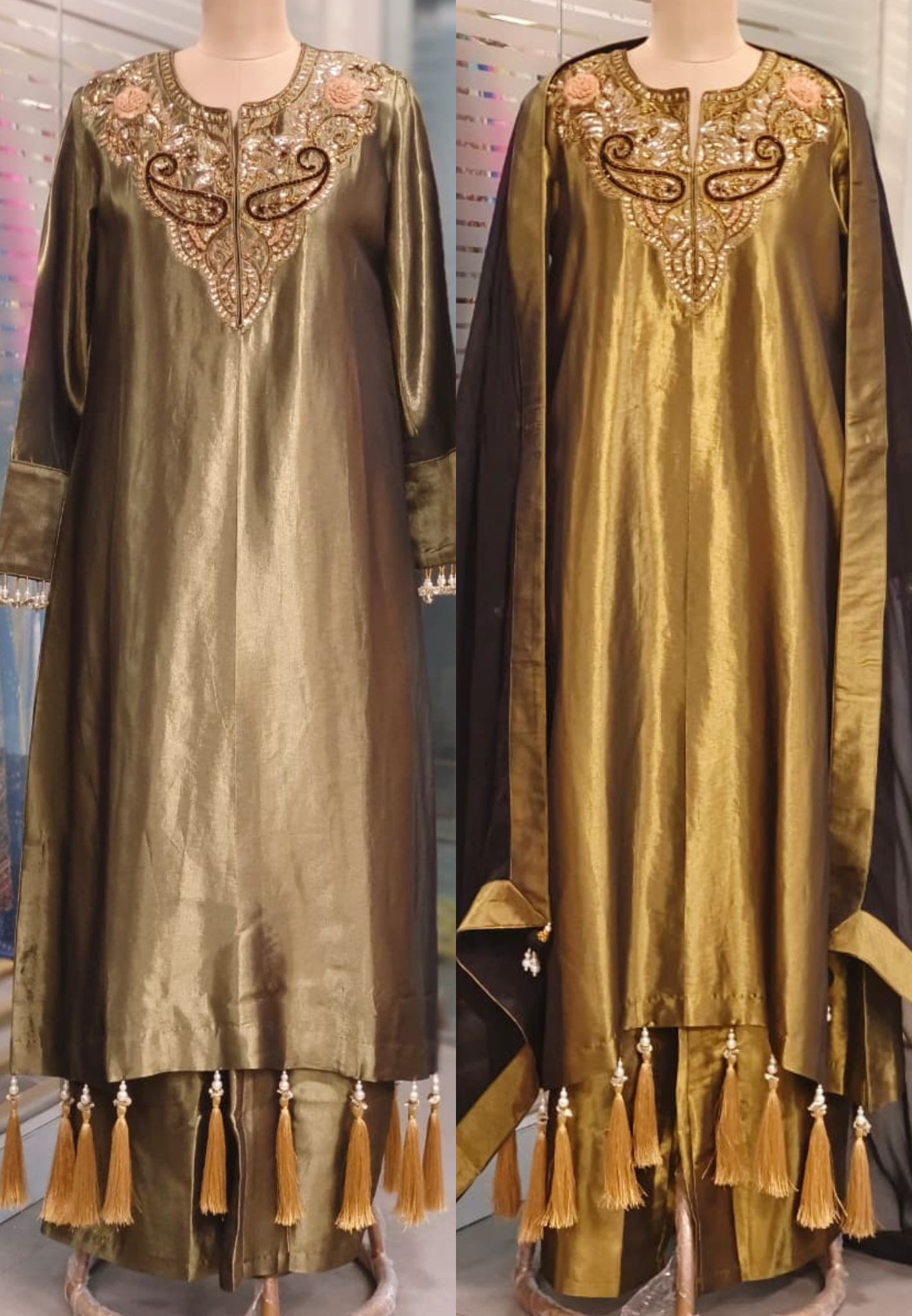 Rich Pure Tissue Fabric Kurta in Metallic Tone with Mirror and Thread Embroidery and Delicate Tassel Border