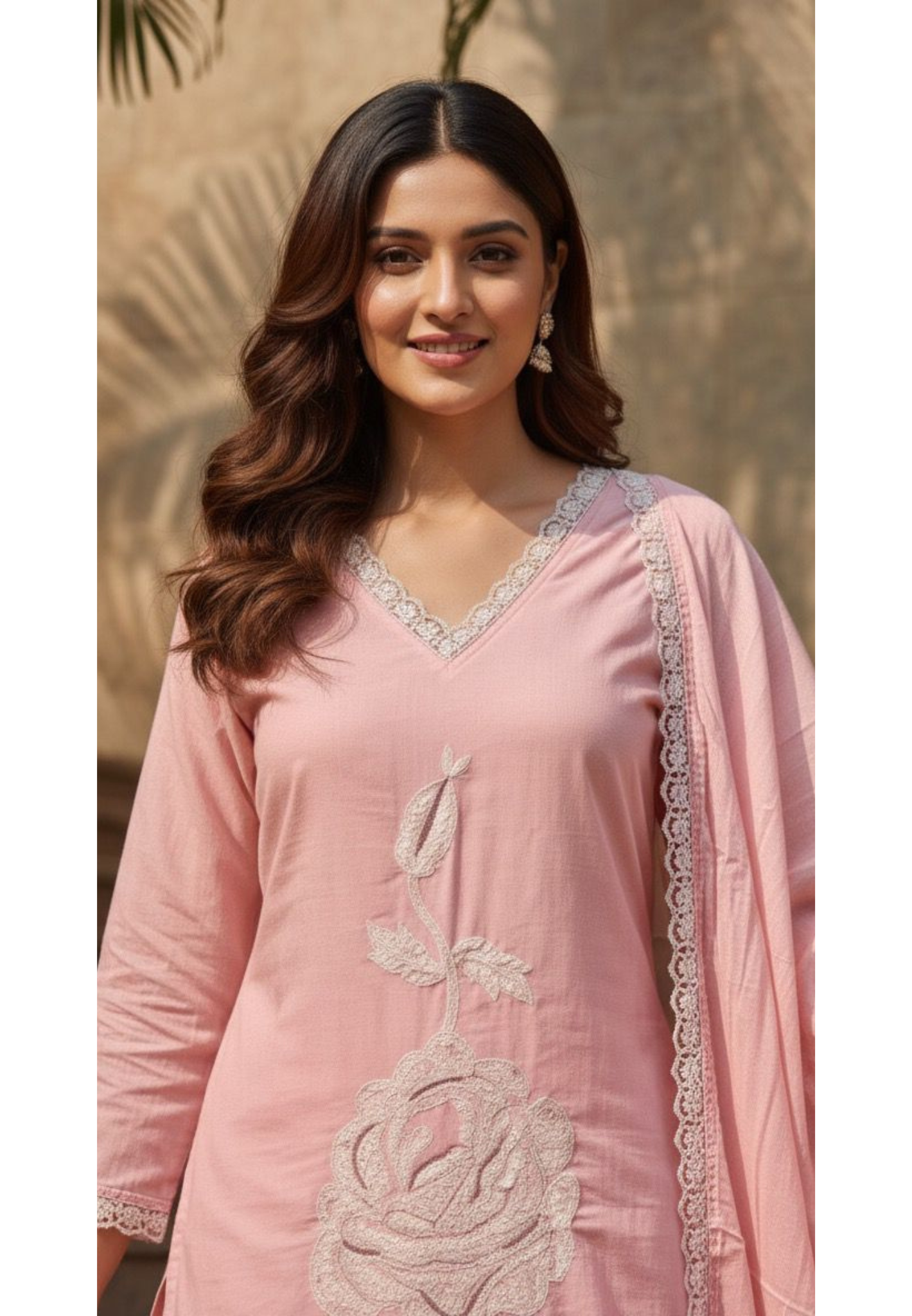 Giant Floral Thread Embroidery Baby Blush Soft Tone Full Suit Set With Dupatta In Cotton Fabric- 11708