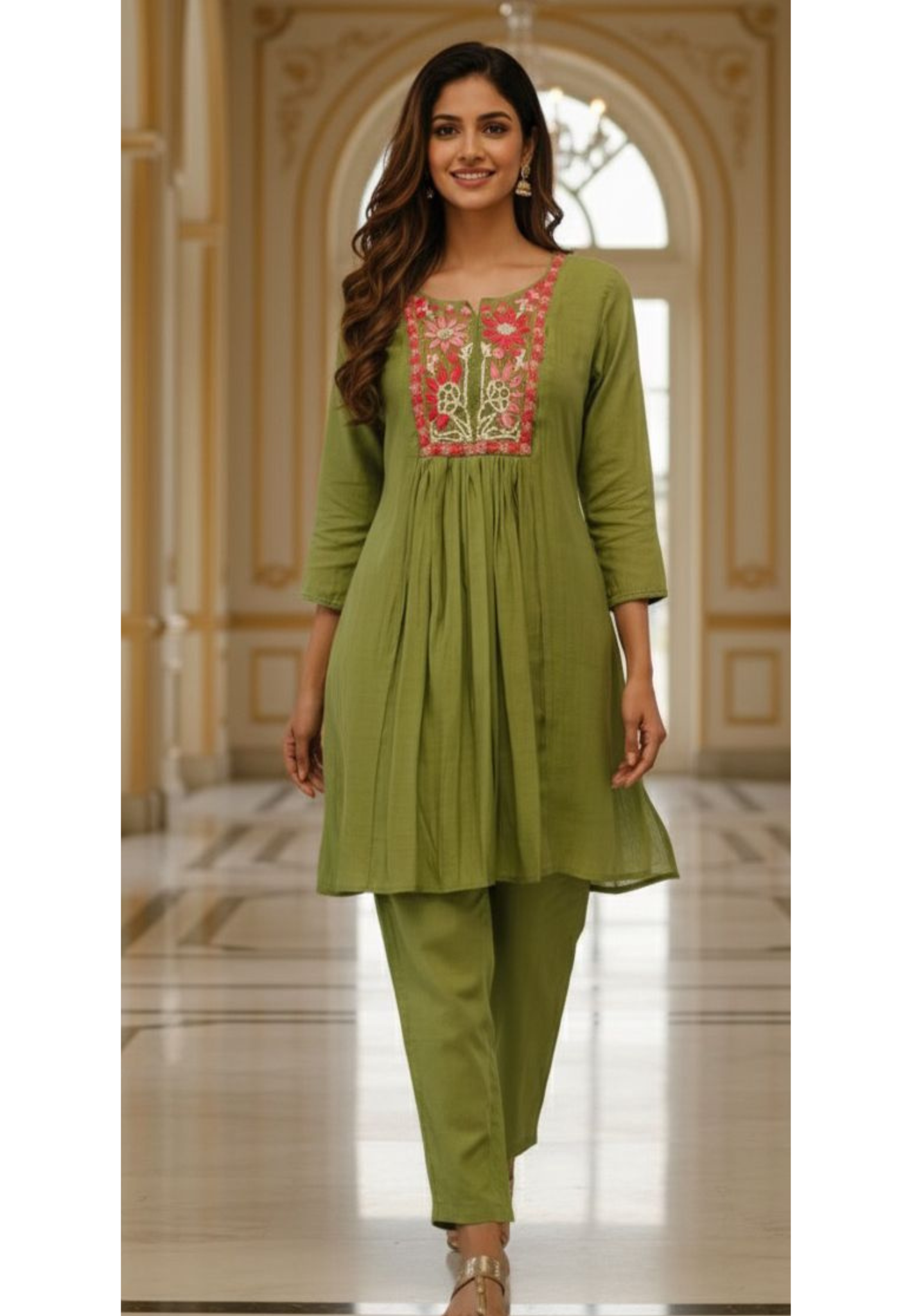 Leaf Green Surat Mul Chanderi Thread Embroidered Yoke Kurta Pant Set- 12141