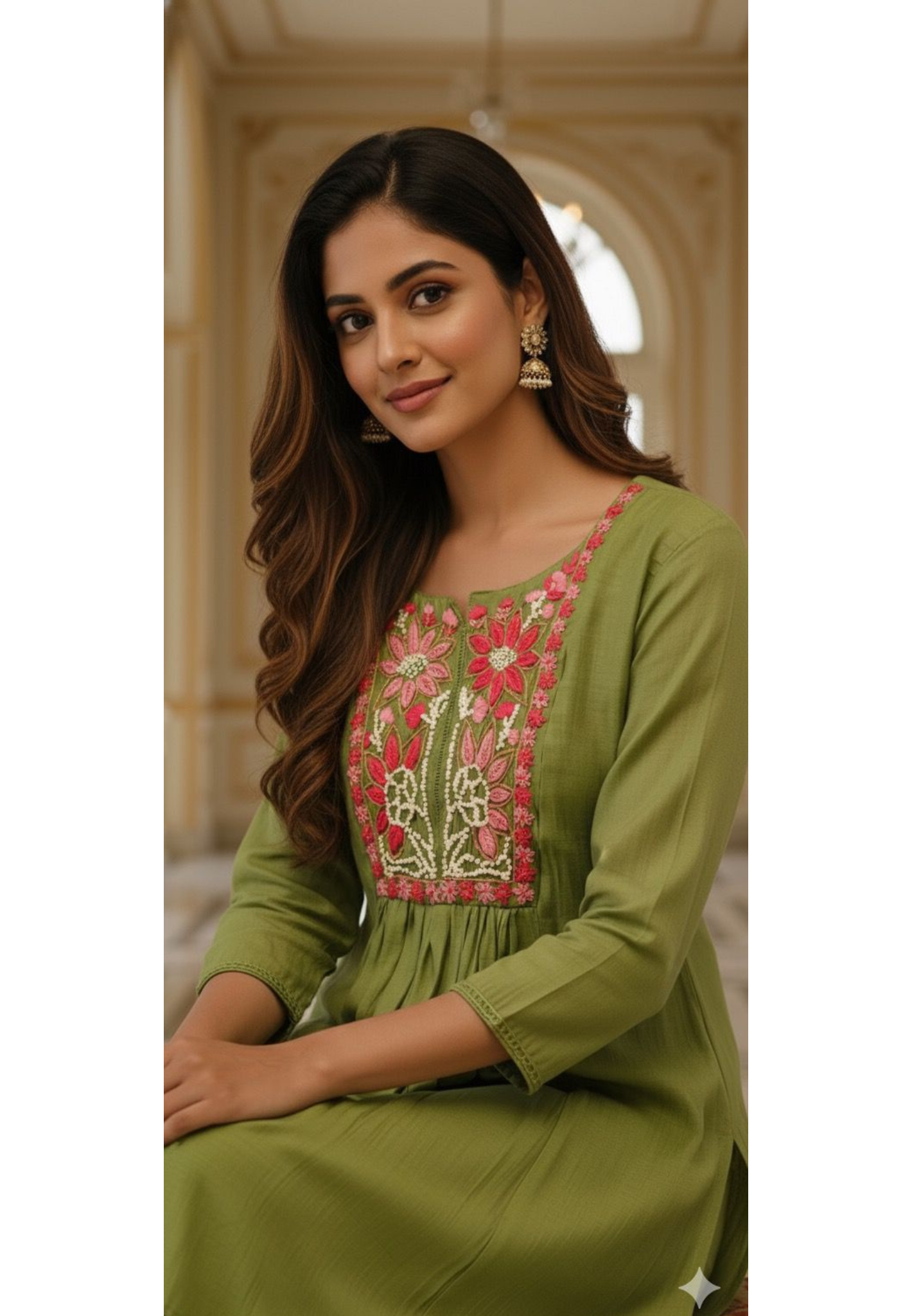 Leaf Green Surat Mul Chanderi Thread Embroidered Yoke Kurta Pant Set- 12141