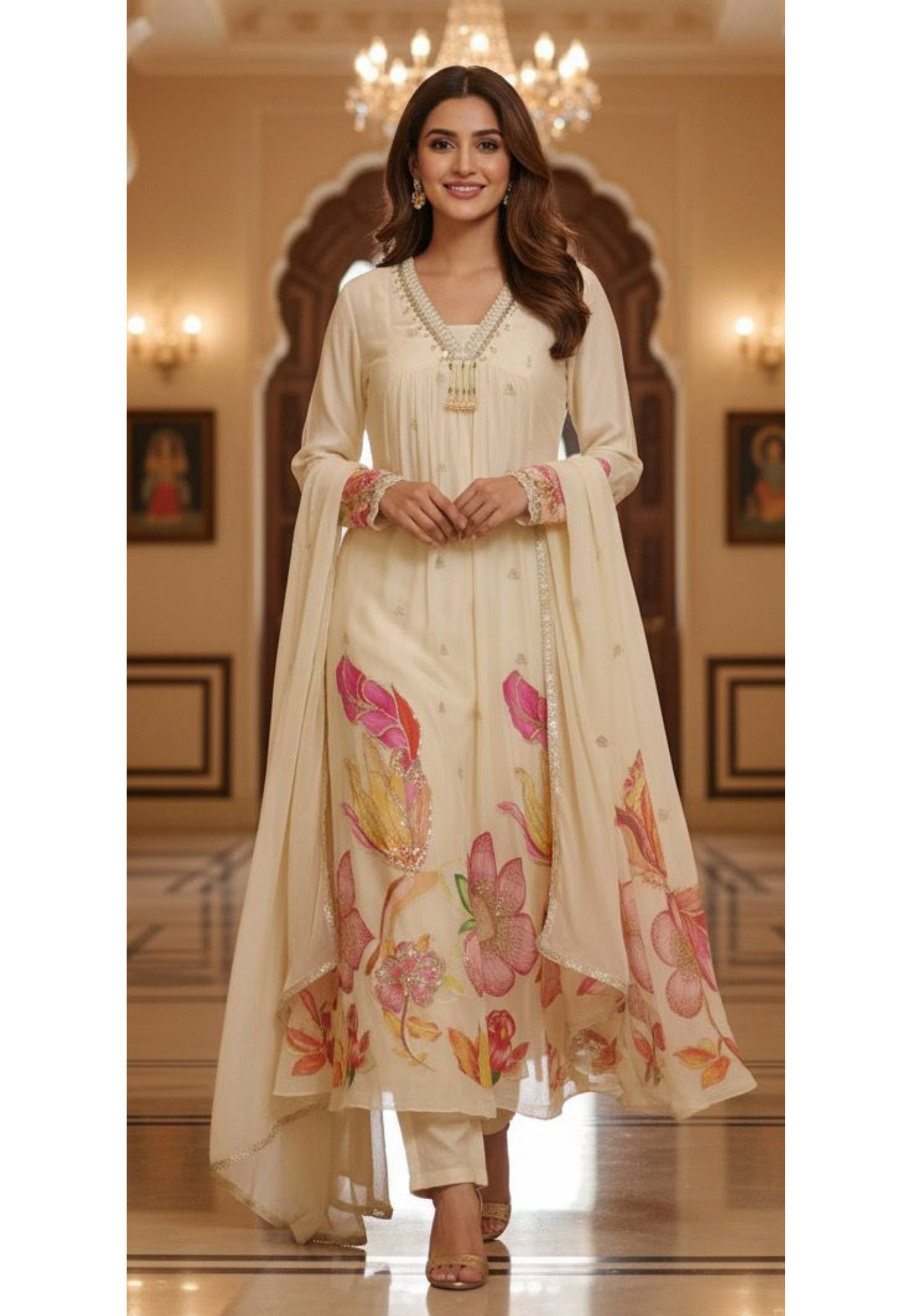 Pitten Work Chinon Fabric Floral Print Embroidered V-Neck Aline Full Suit Set With Dupatta-11654