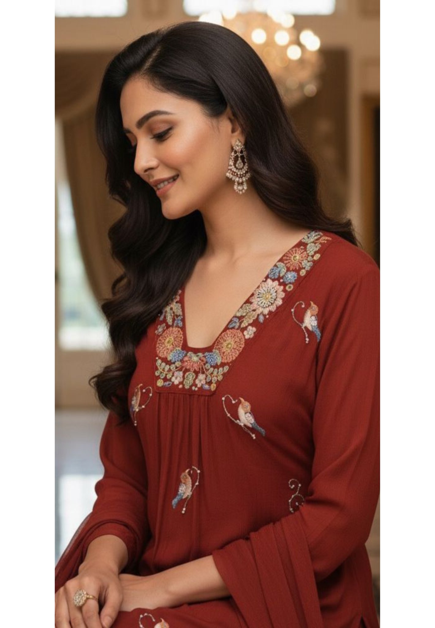 Crush Cotton Fabric Long Kurta With Thread Embroidery, Floral Yoke Design and Bird Patterns Full Set- 11471, 11470