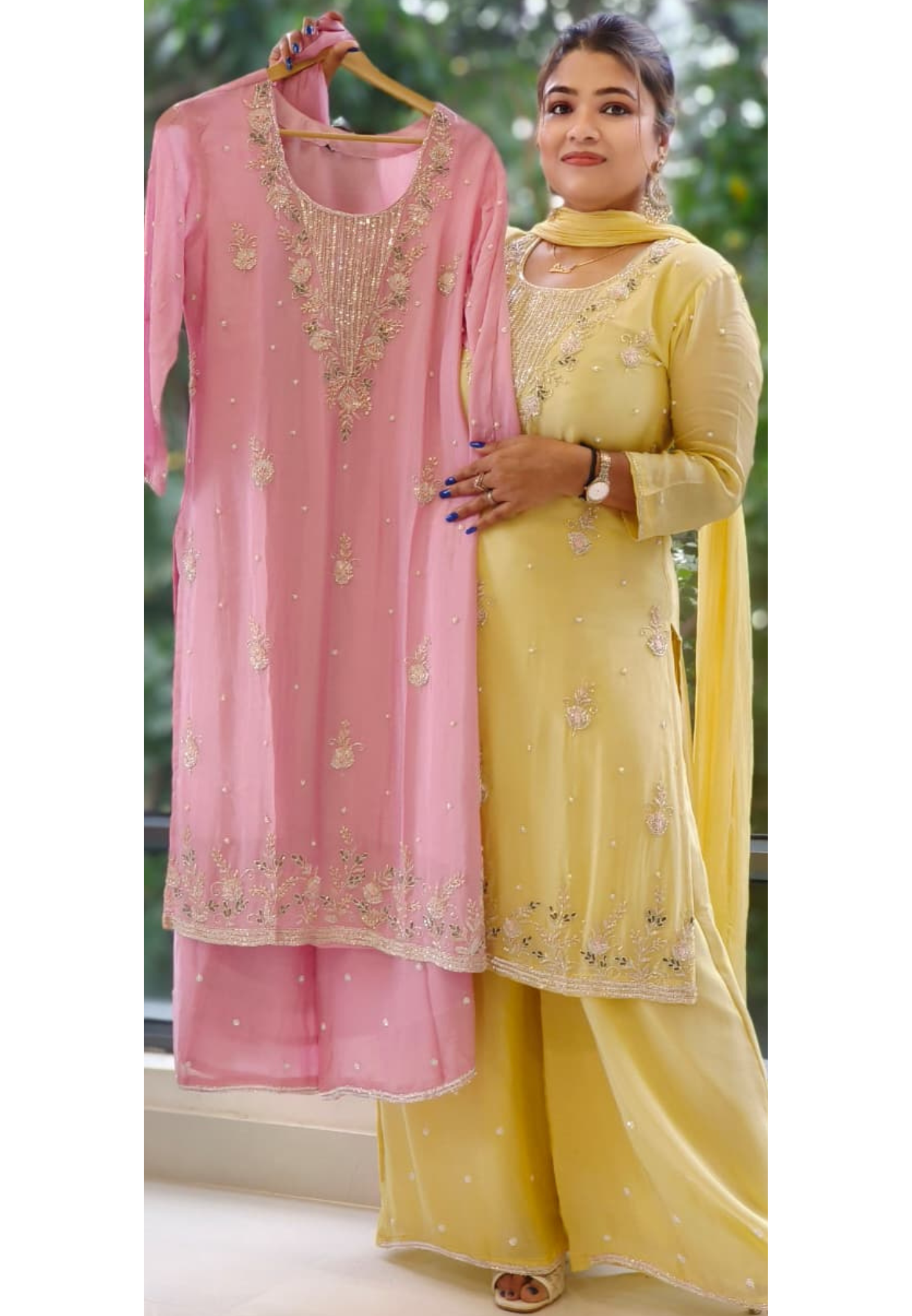 Designer Chinon Cut Dana Hand Embroidered Kurta With Matching Palazzo- 12122, 12121