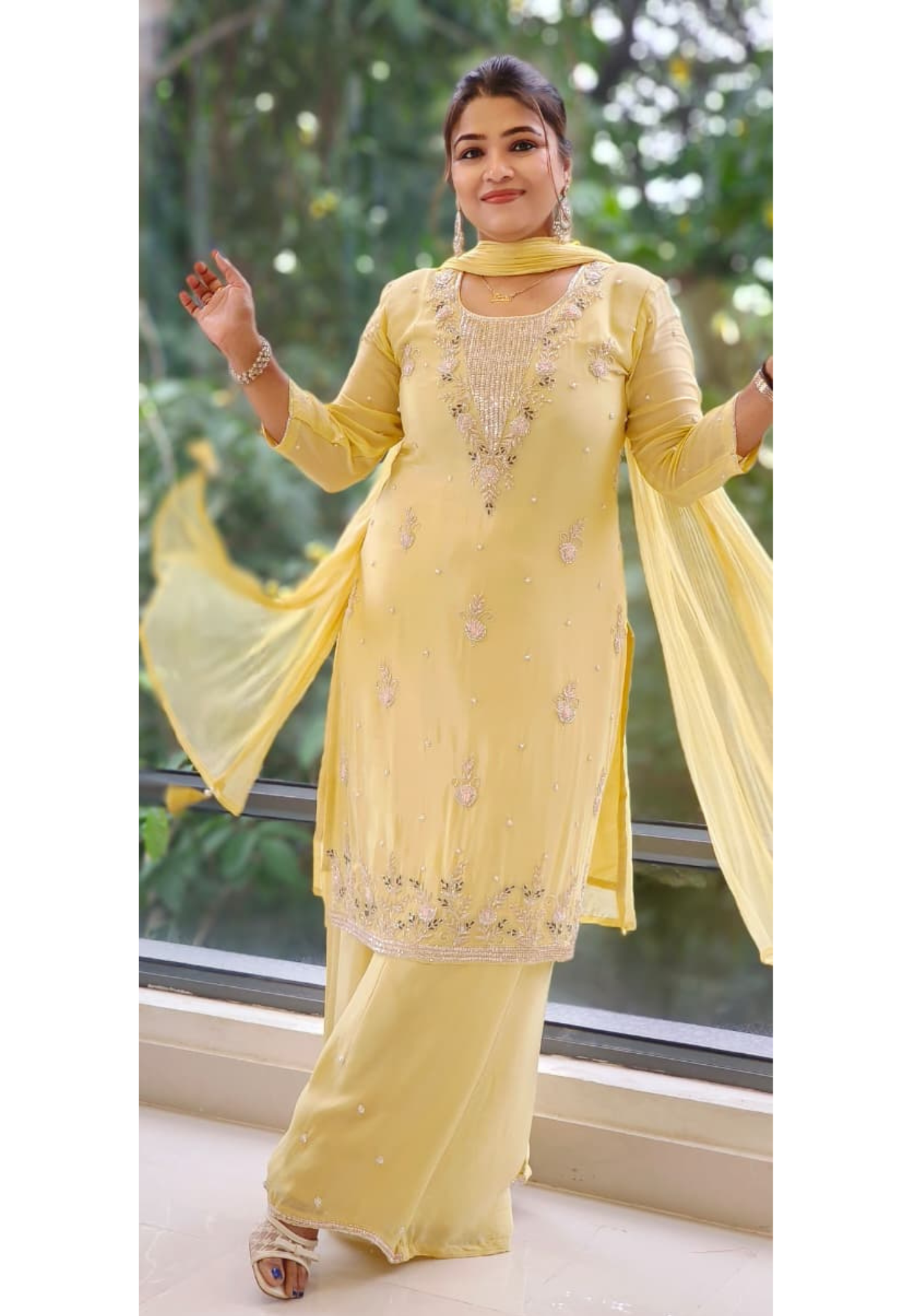 Designer Chinon Cut Dana Hand Embroidered Kurta With Matching Palazzo- 12122, 12121