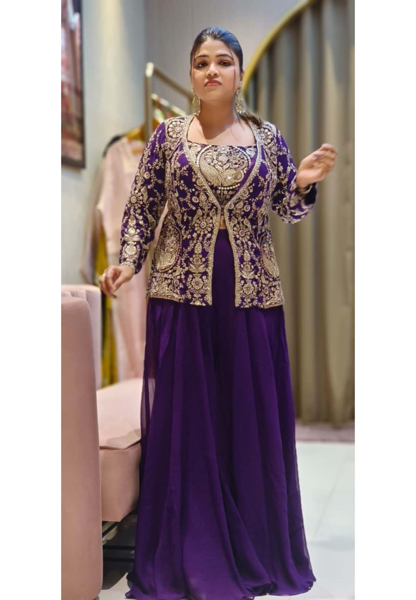 Heavily Worked Middle Length Jacket With Buster & Very Flared Loose Palazzo Bottom- 12471