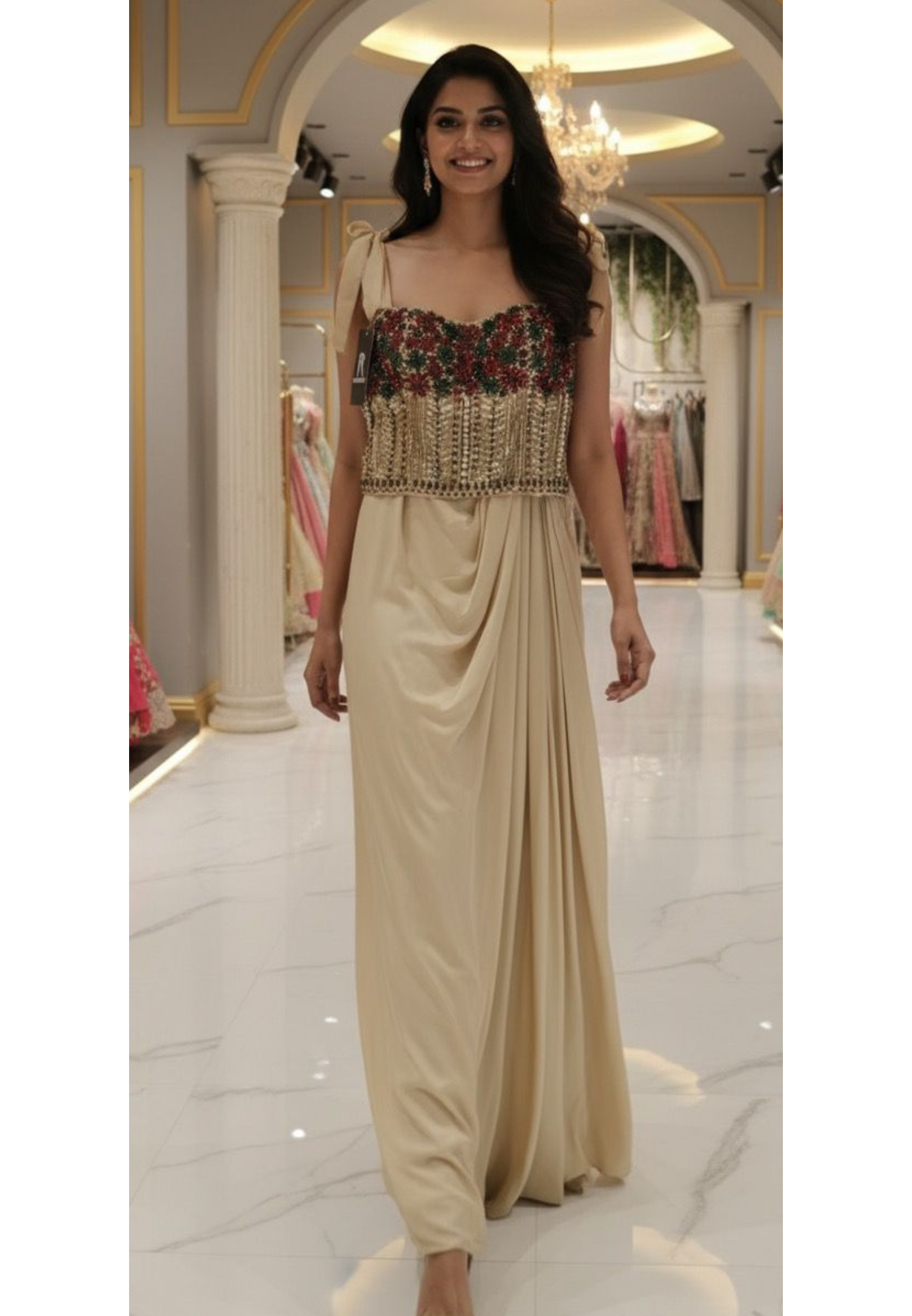 Stylish Crystal Floral Work Sleeveless Top With Drape Skirt DRYWASH