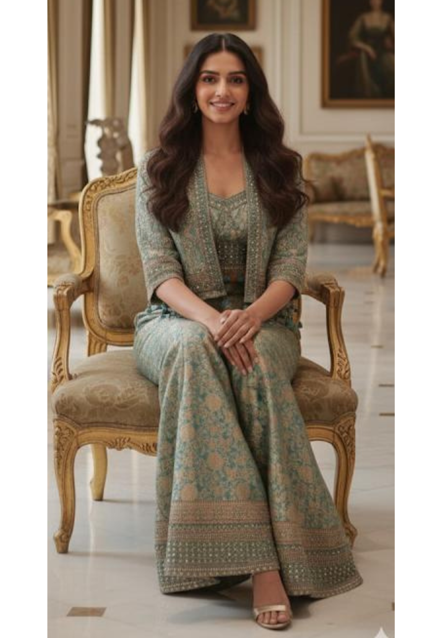 Very Elegant Embroidered Tasseled Cut-Jacket With Buster & Panel Palazzo Bottom- 12475