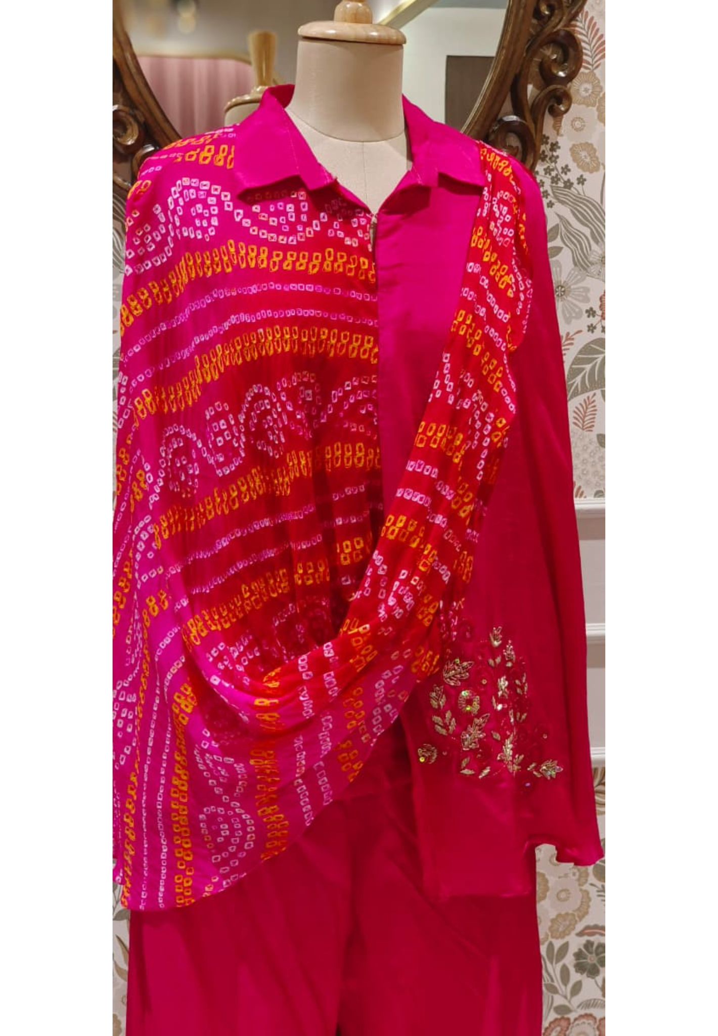 Front Layered Bandhej Print Collared Top With Plain Bottom- 12435