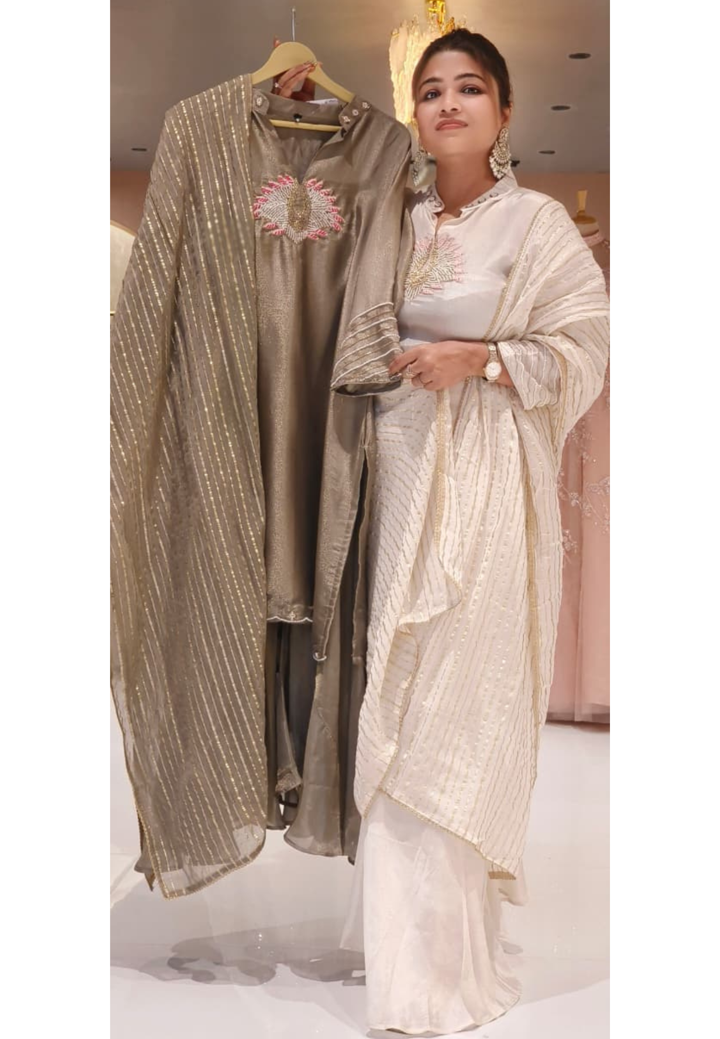 Minimal Thread Embroidered Full Suit Set With Golden Striped Dupatta & Loose Palazzo Bottom In Tissue Fabric- 12545