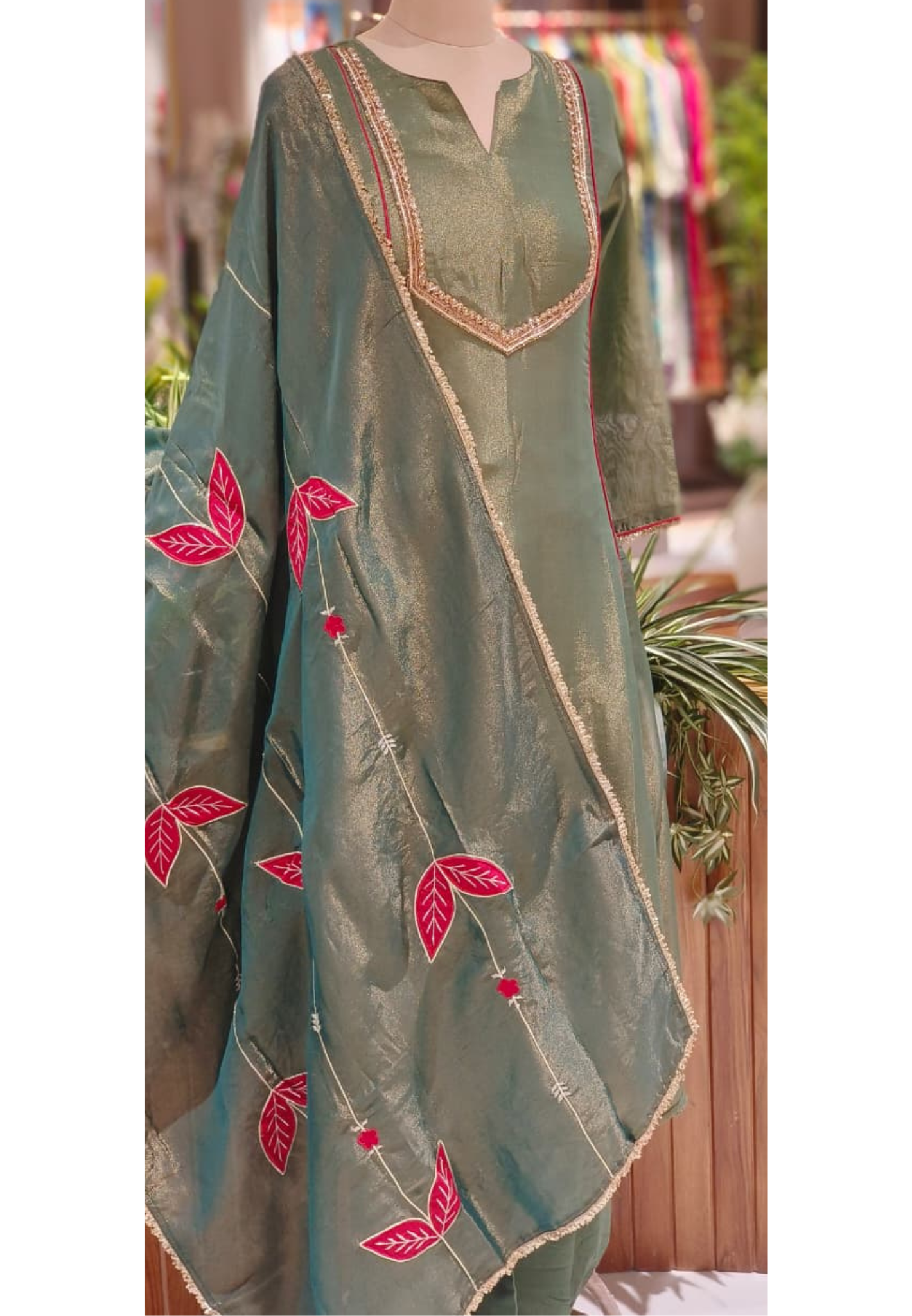 Very Minimal Suttle Work A-Line Full Suit Set With Golden Bordered Floral Dupatta In Tissue Fabric- 12549