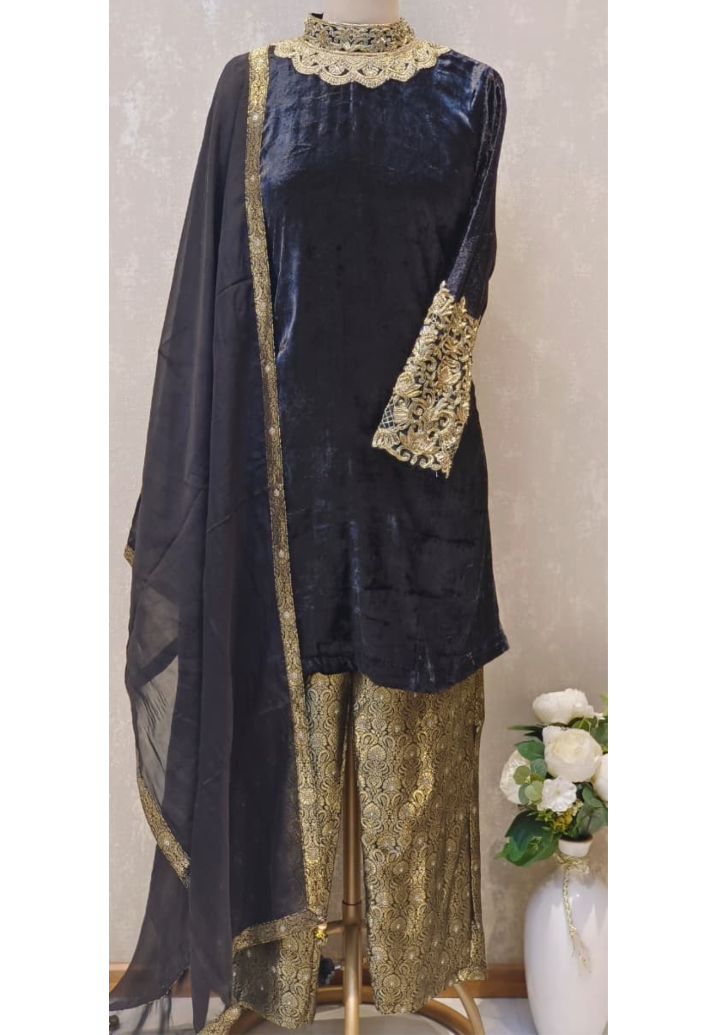 Rich Golden Zardosi Work Covered Neck Velvet Kurta With Heavy Brocade Bottom & Plain Bordered Dupatta- 12612