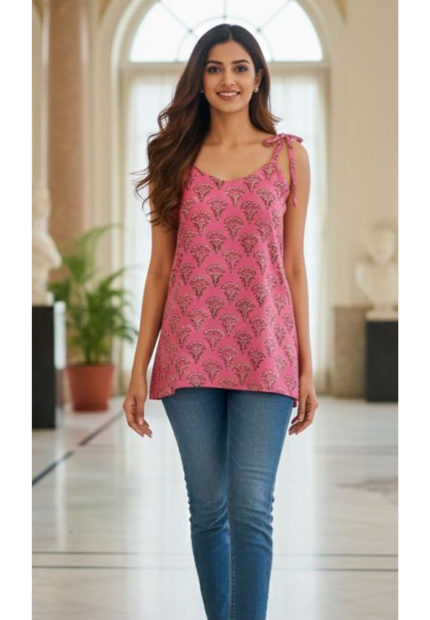Printed Knotted Sleeveless Casual Wear Short Kurti Only