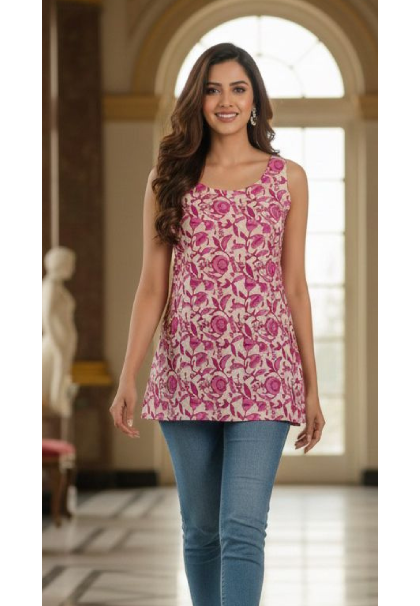 Floral Printed Daily Wear Sleeveless Short Kurti Only