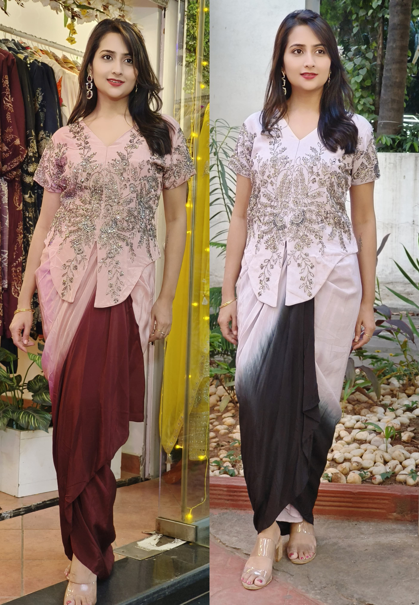 Partywear Designer Set Embellished Pastel  Top with Dual-Tone Ombre Drape Skirt