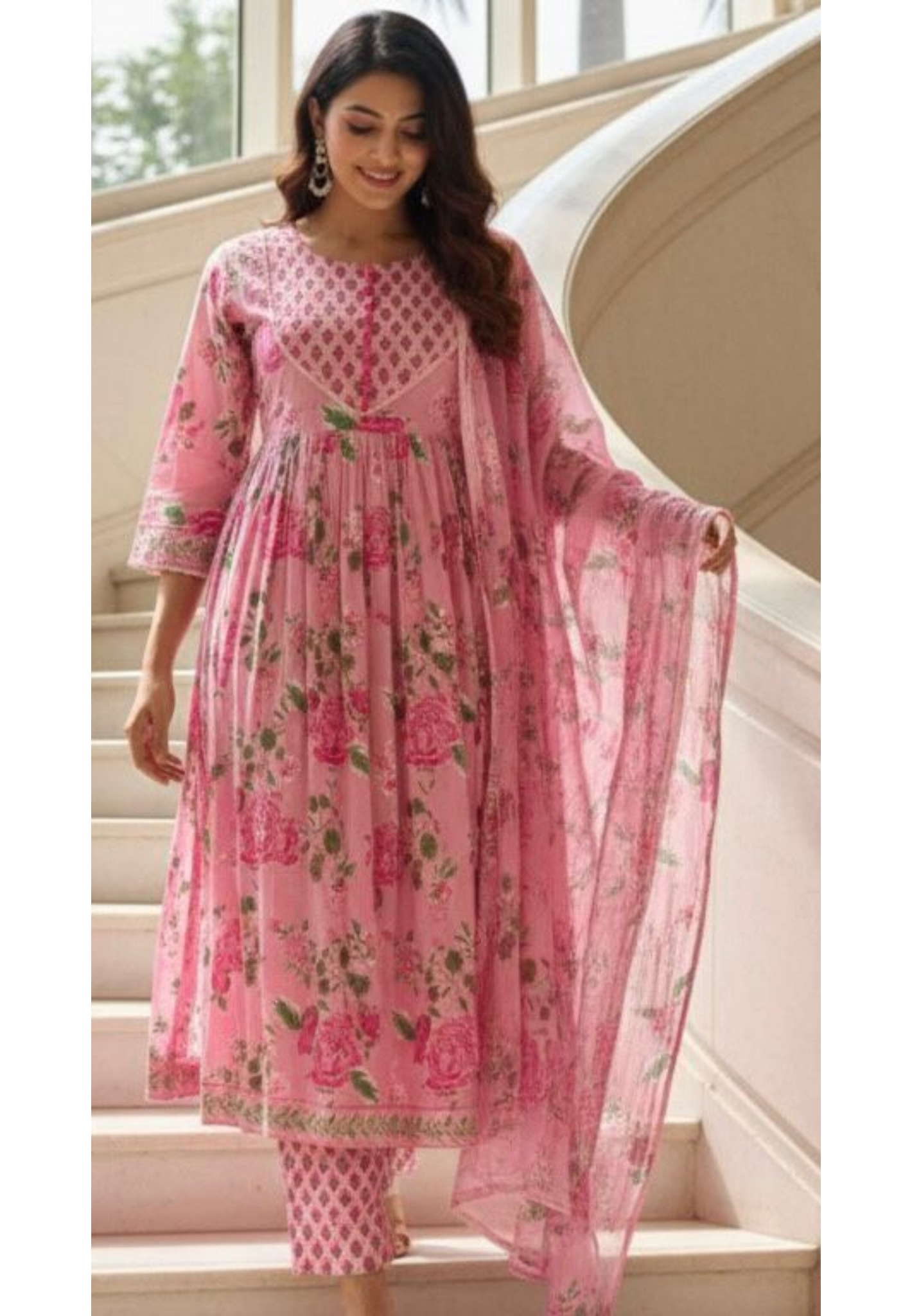 Flared Pure Cotton Anarkali Full Suit With Beautiful Yoke & Floral Prints