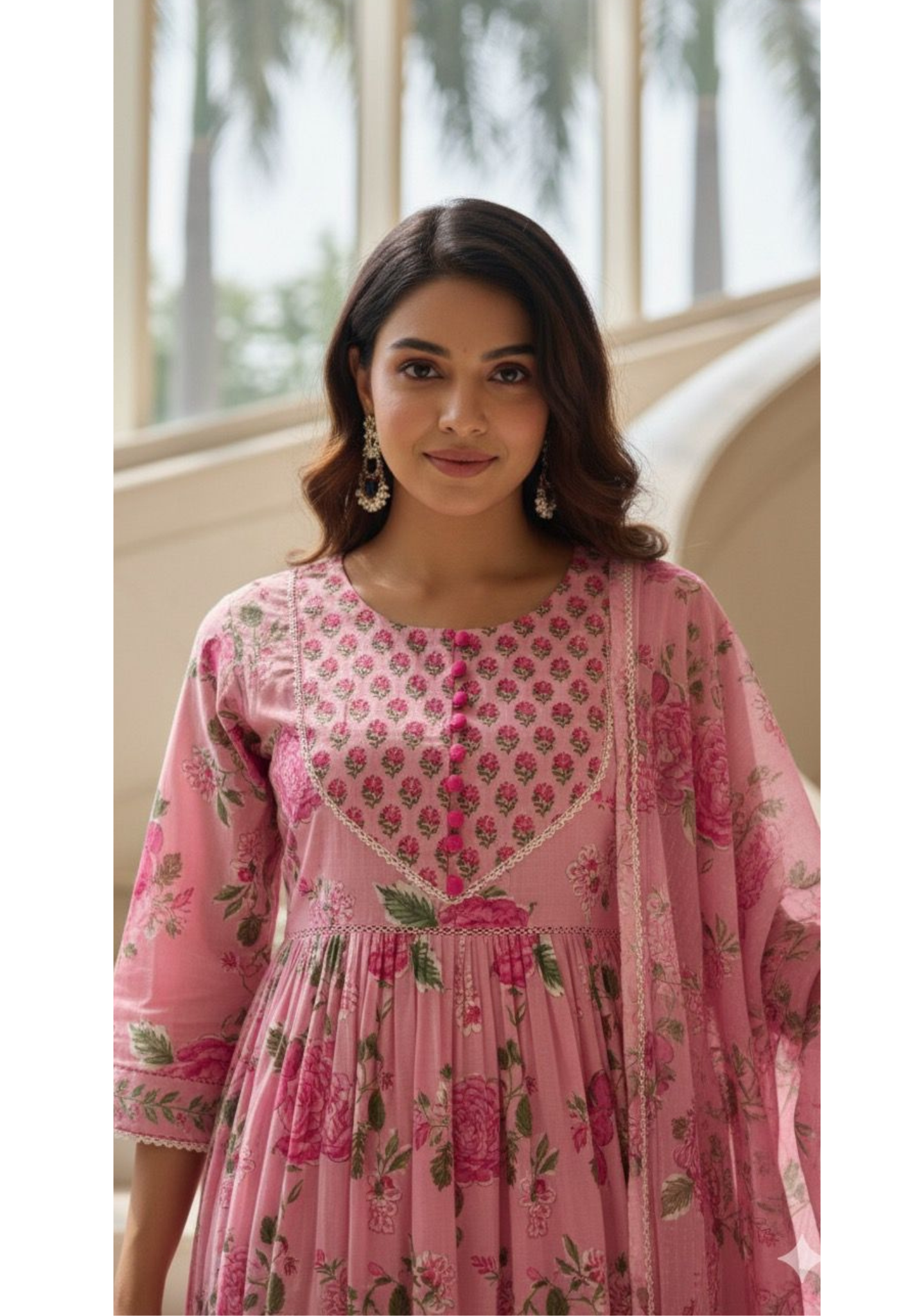 Flared Pure Cotton Anarkali Full Suit With Beautiful Yoke & Floral Prints