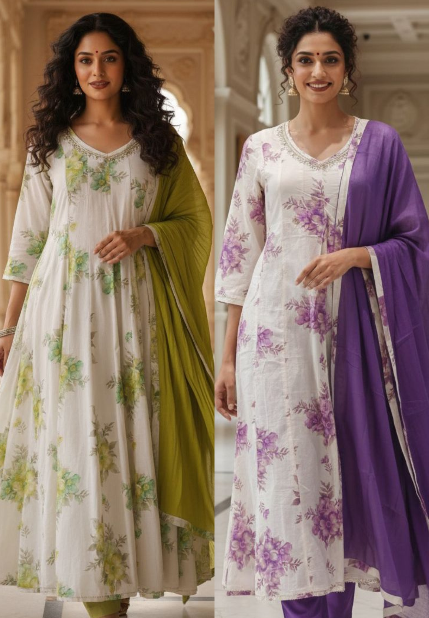 Minimal Neck Line Beautiful Floral Printed Panel Anarkali Full Suit Set With Dupatta In Pure Cotton Fabric- 11661, 11662