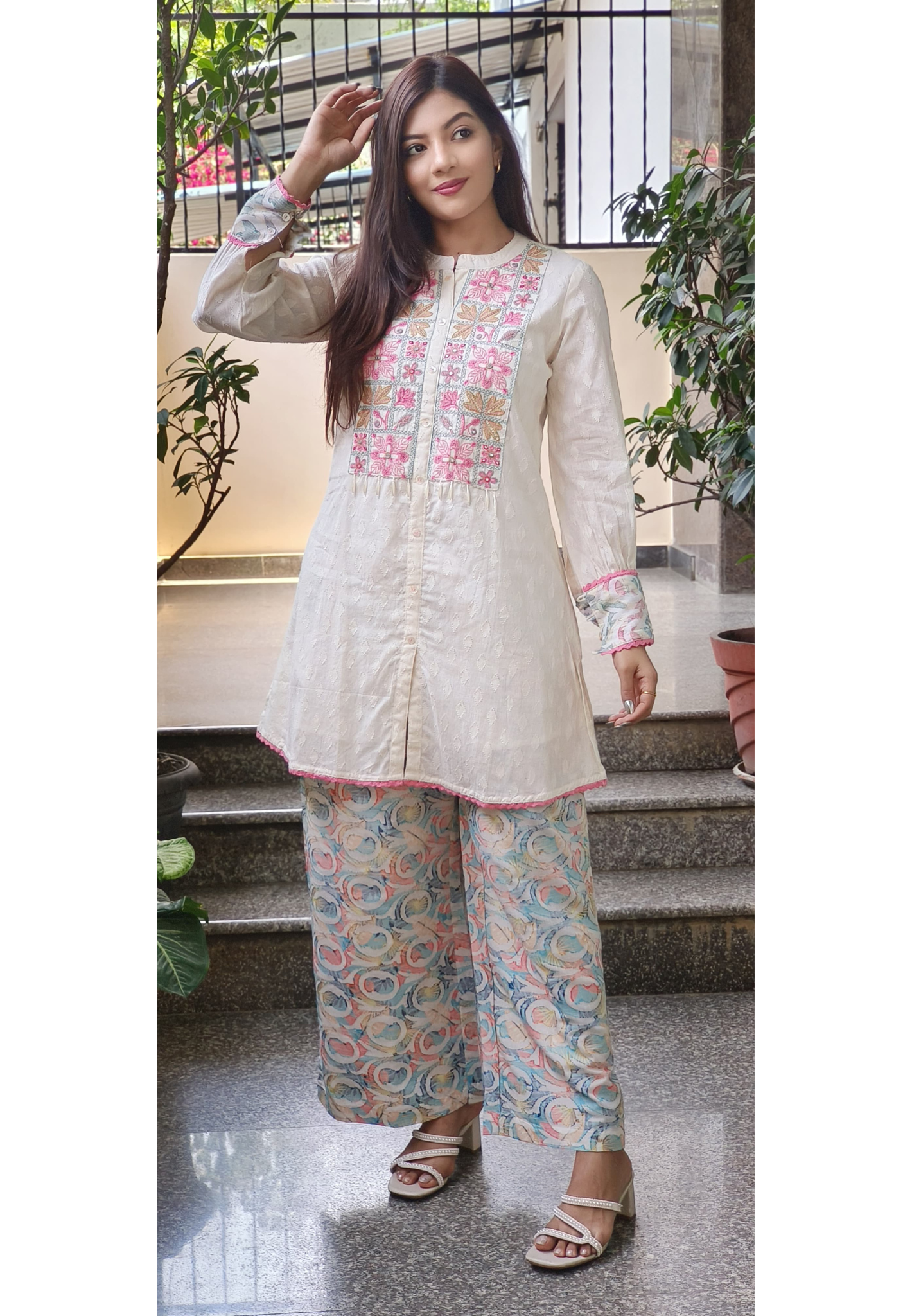 Embroidered A-Line Short Mandarin Collared Kurta With Printed Bottom