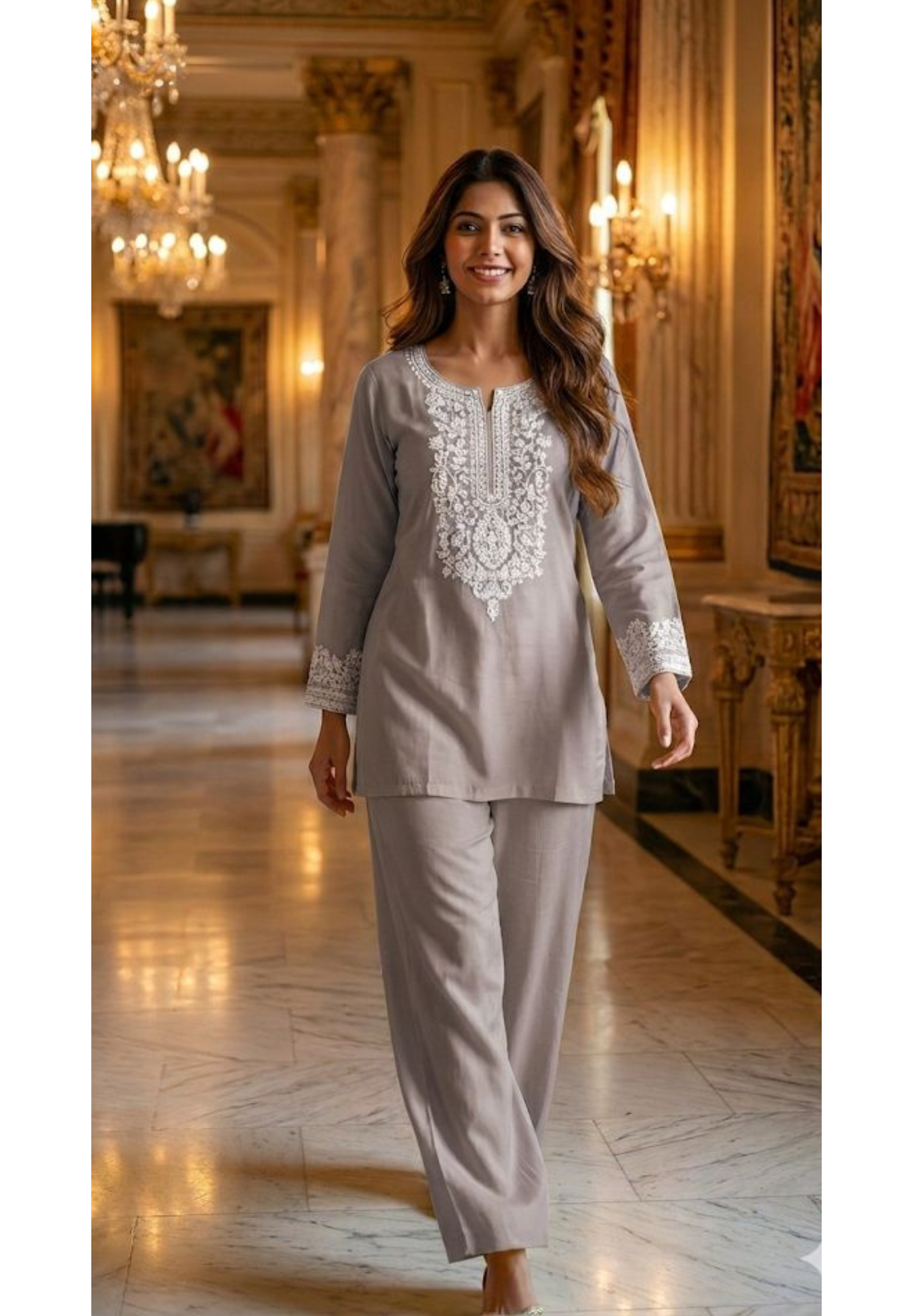 Thread Embroidered Chikankari Look Solid Kurta Pant Set