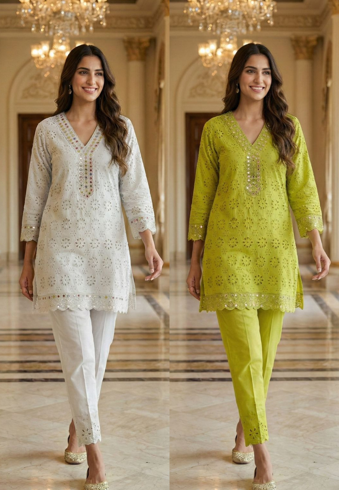 Hacoba Cut-Work Embroidered Mirror Border Kurta Pant Set In Cotton Fabric