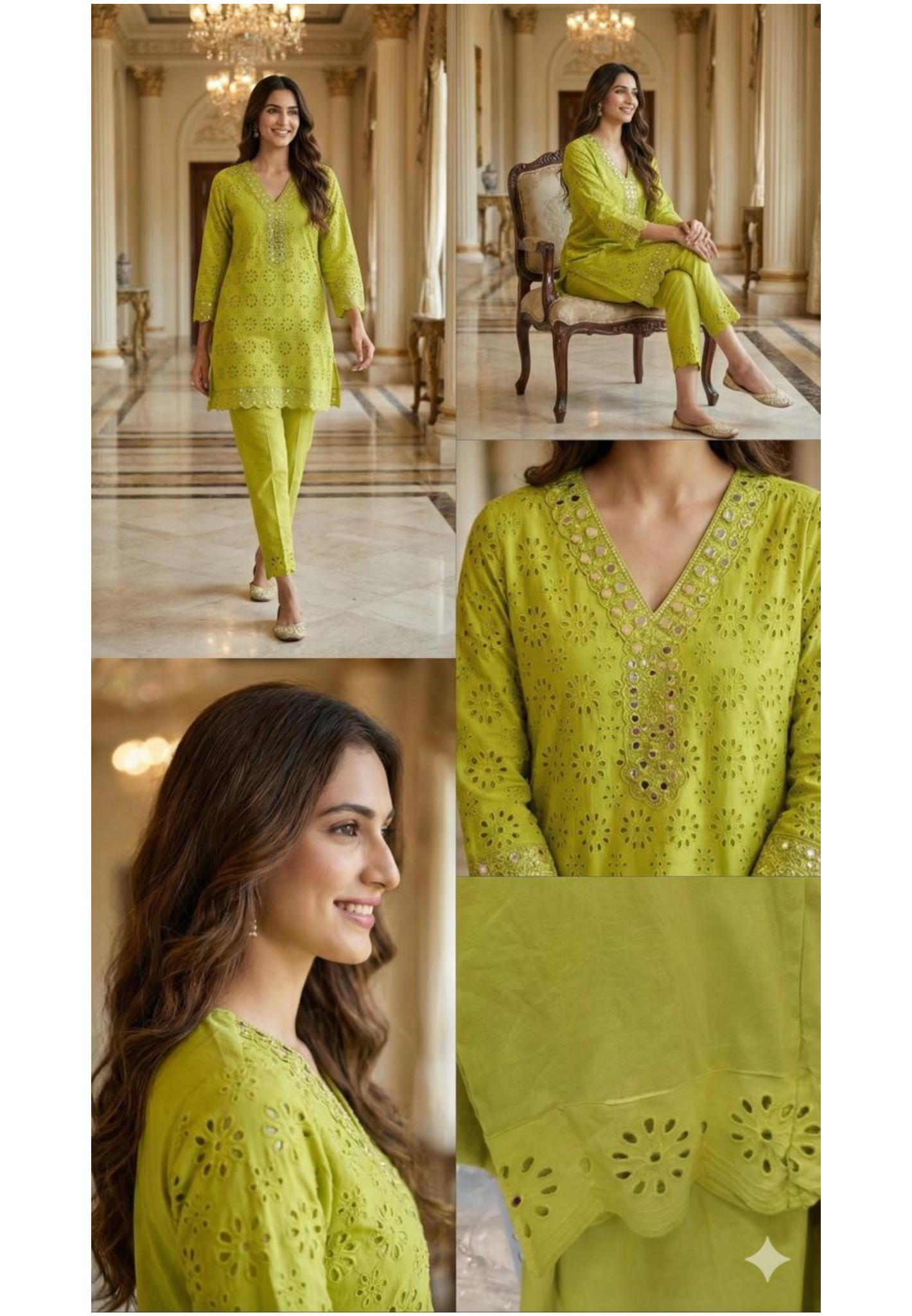 Hacoba Cut-Work Embroidered Mirror Border Kurta Pant Set In Cotton Fabric