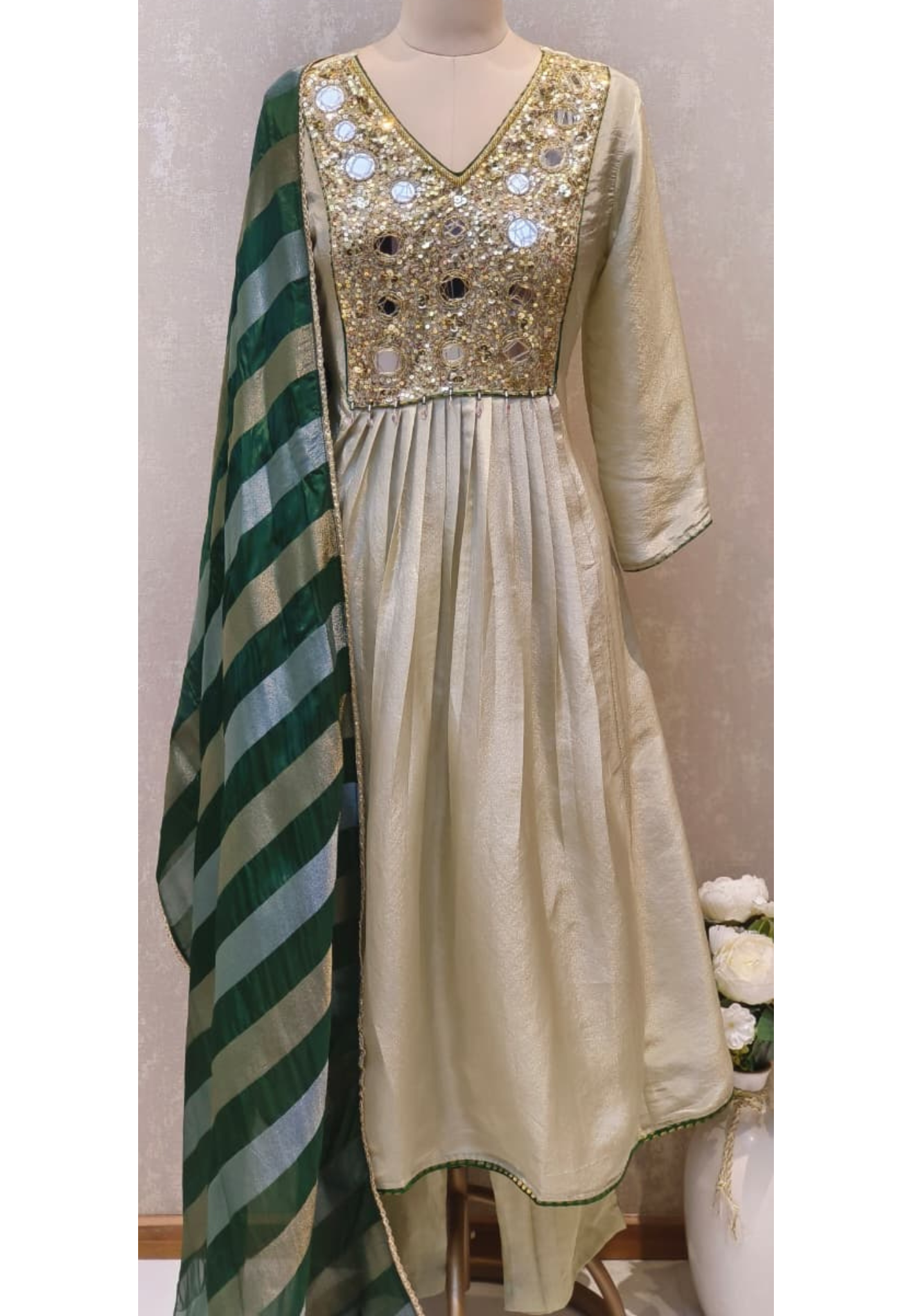 Rajasthani Look Mirror Sequin Front Yoke A-Line Full Suit Set With Striped Dupatta In Tissue Fabric-12619