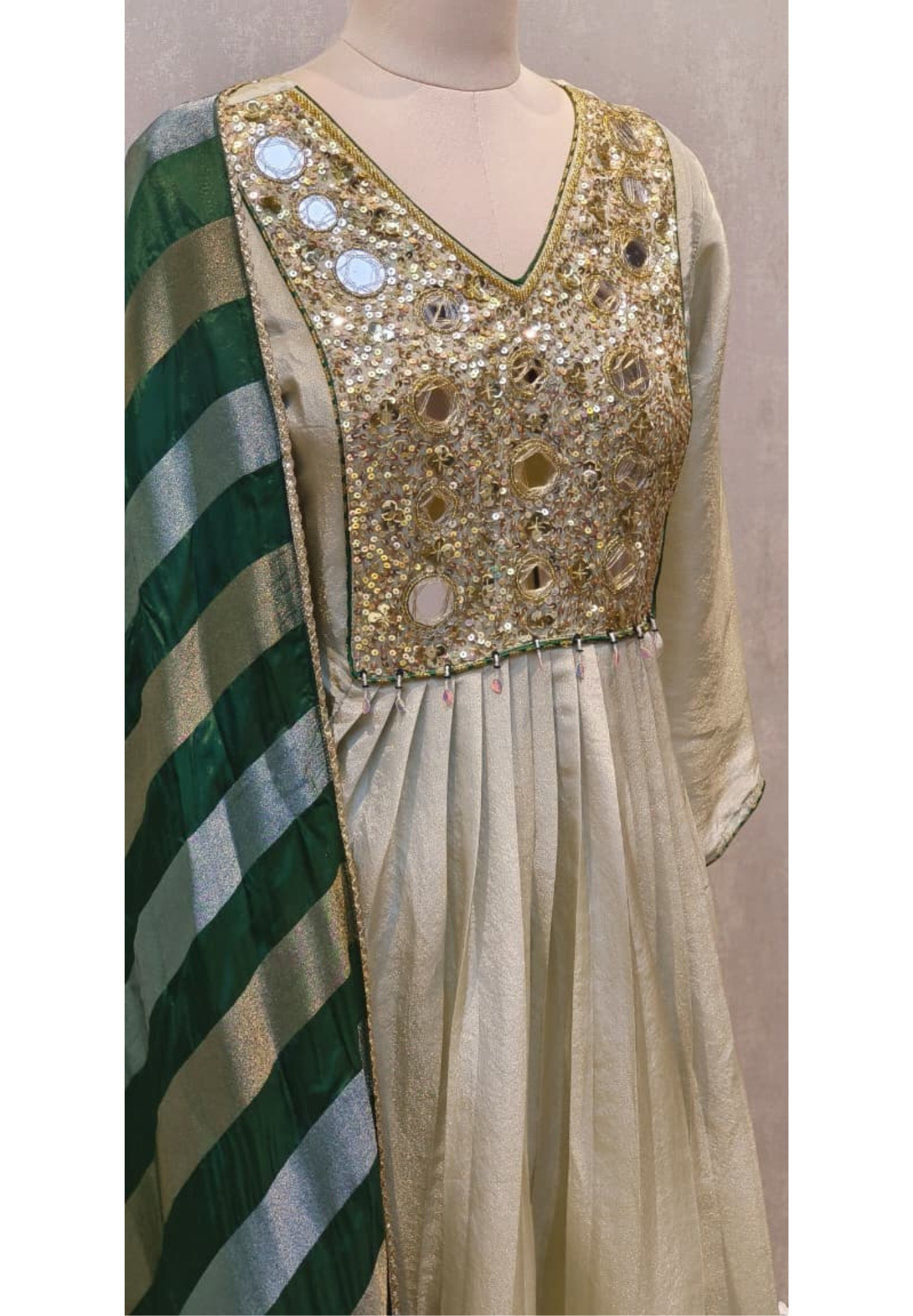 Rajasthani Look Mirror Sequin Front Yoke A-Line Full Suit Set With Striped Dupatta In Tissue Fabric-12619