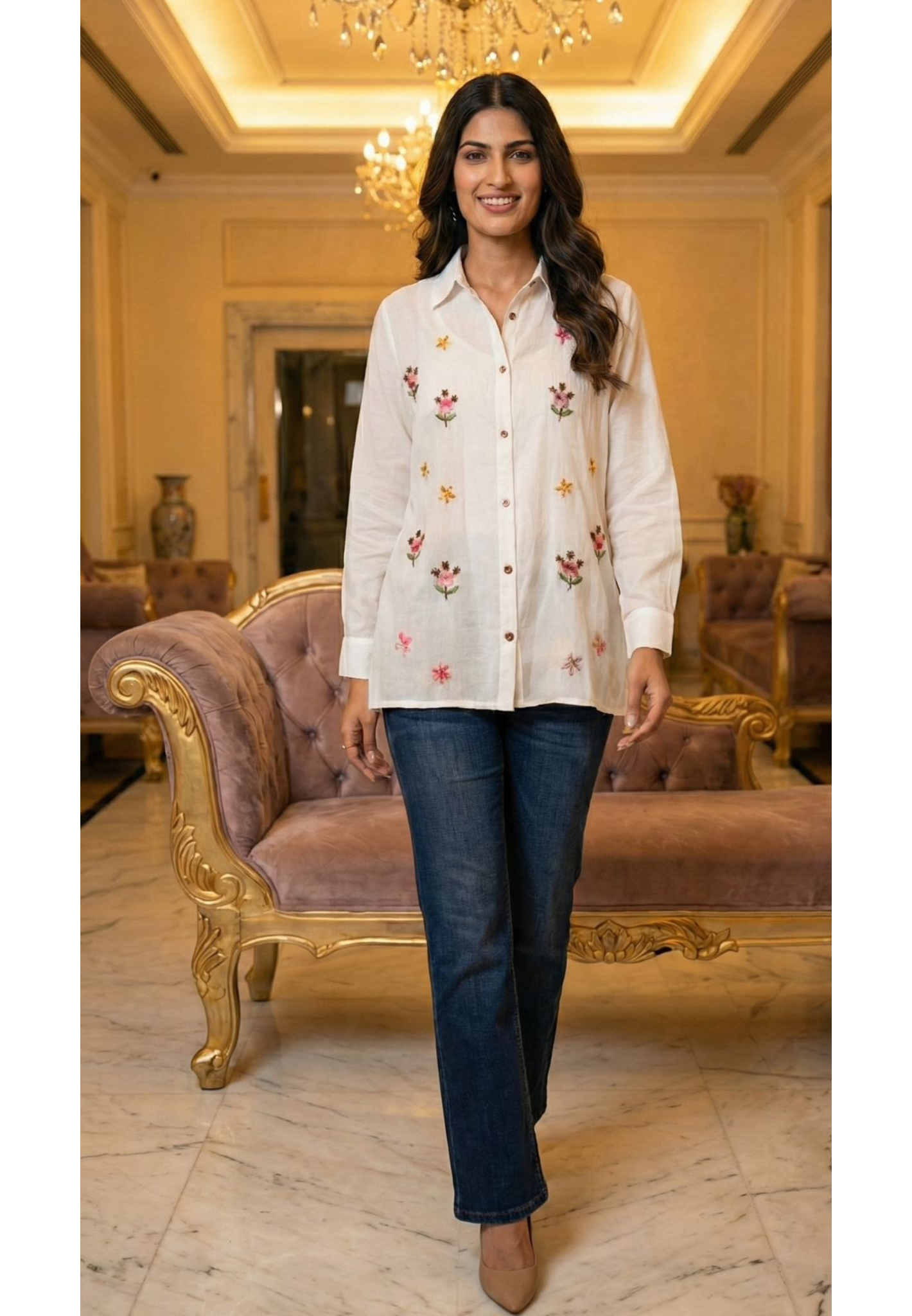 Elegant Surat Mul Chanderi Floral Embroidery Shirt with Premium Buttons, Semi-Sheer Look(Inner Inside)-12747