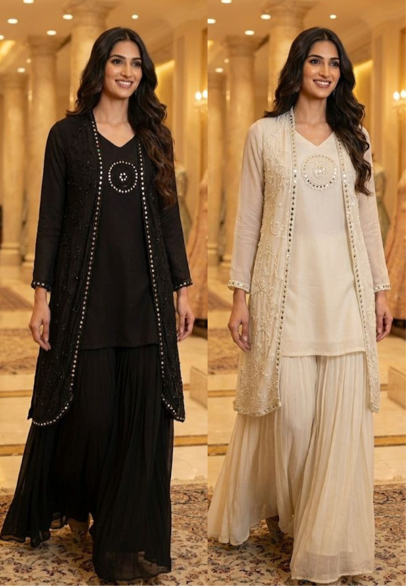 Exclusive Chinon Shrug Set with Intricate Thread Real Mirror Work Inner Kurta & Stylish Loose Flared Pant Bottom