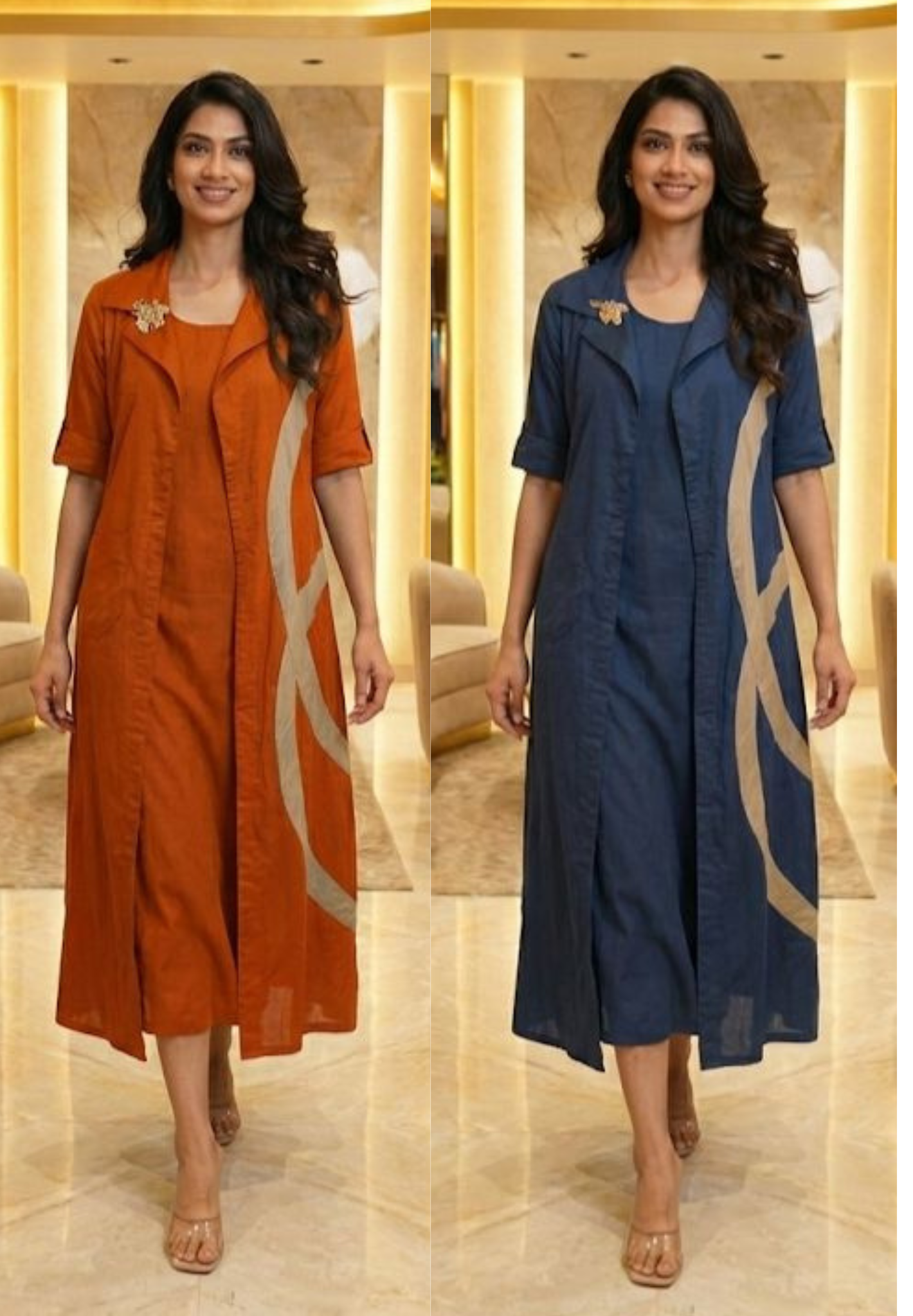 Contemporary Glaze Cotton Layered Dress with Inner And  Collared Shrug,Chic Contrast Pattern on Side-1274,12742 DISPATCHING AFTER 25 DAYS