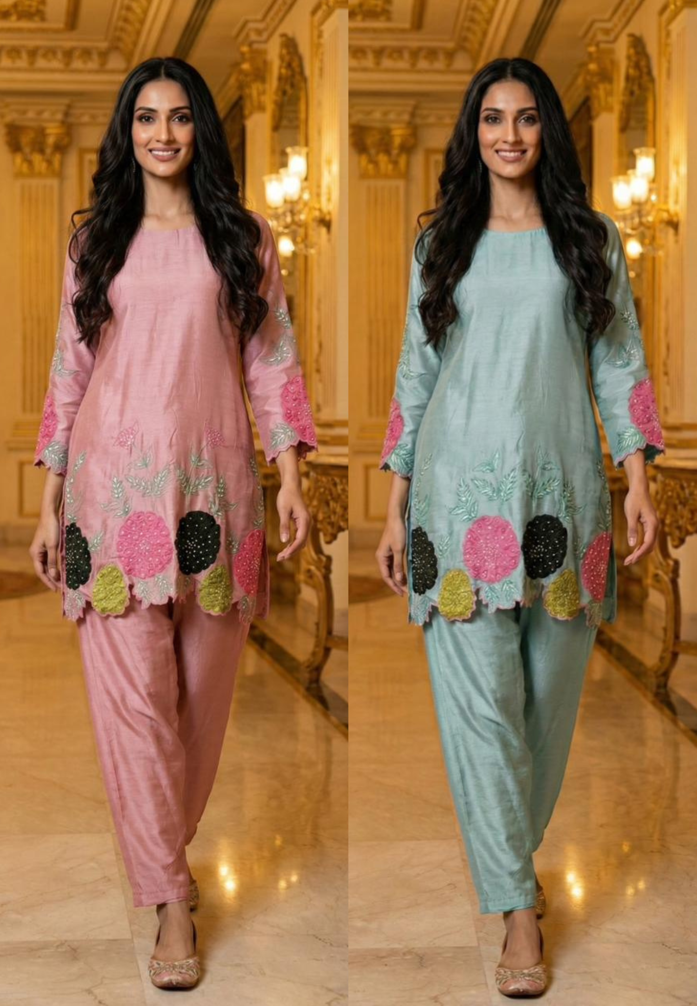 Lightweight Dola Silk Fabric Kurti Pant With Hand-Style Multicolour Floral Motifs and Detailed Leaf Embroidery-12733,12734