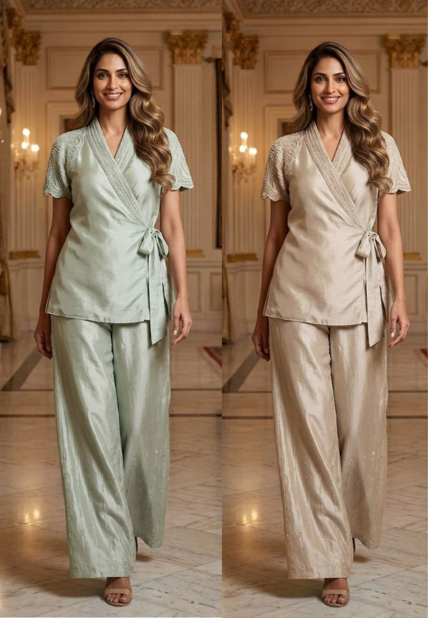 Stylish Indo-Western Co-Ord Set With Hand-Embellished Pearl Work Wrap, Sleeveless Inner and Matching Loose Pants in Shimmer Tissue Fabric-12713,12714