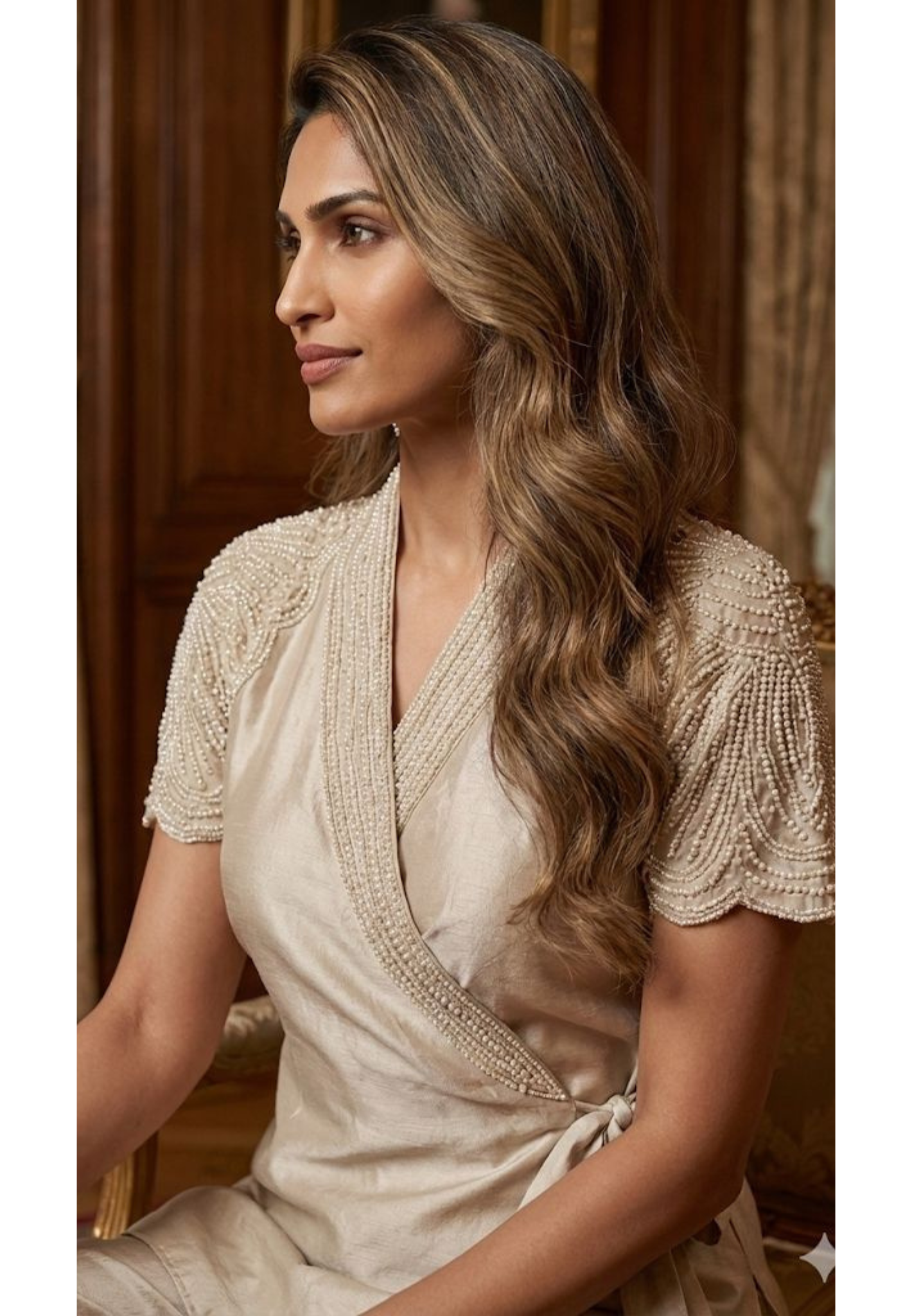 Stylish Indo-Western Co-Ord Set With Hand-Embellished Pearl Work Wrap, Sleeveless Inner and Matching Loose Pants in Shimmer Tissue Fabric-12713,12714