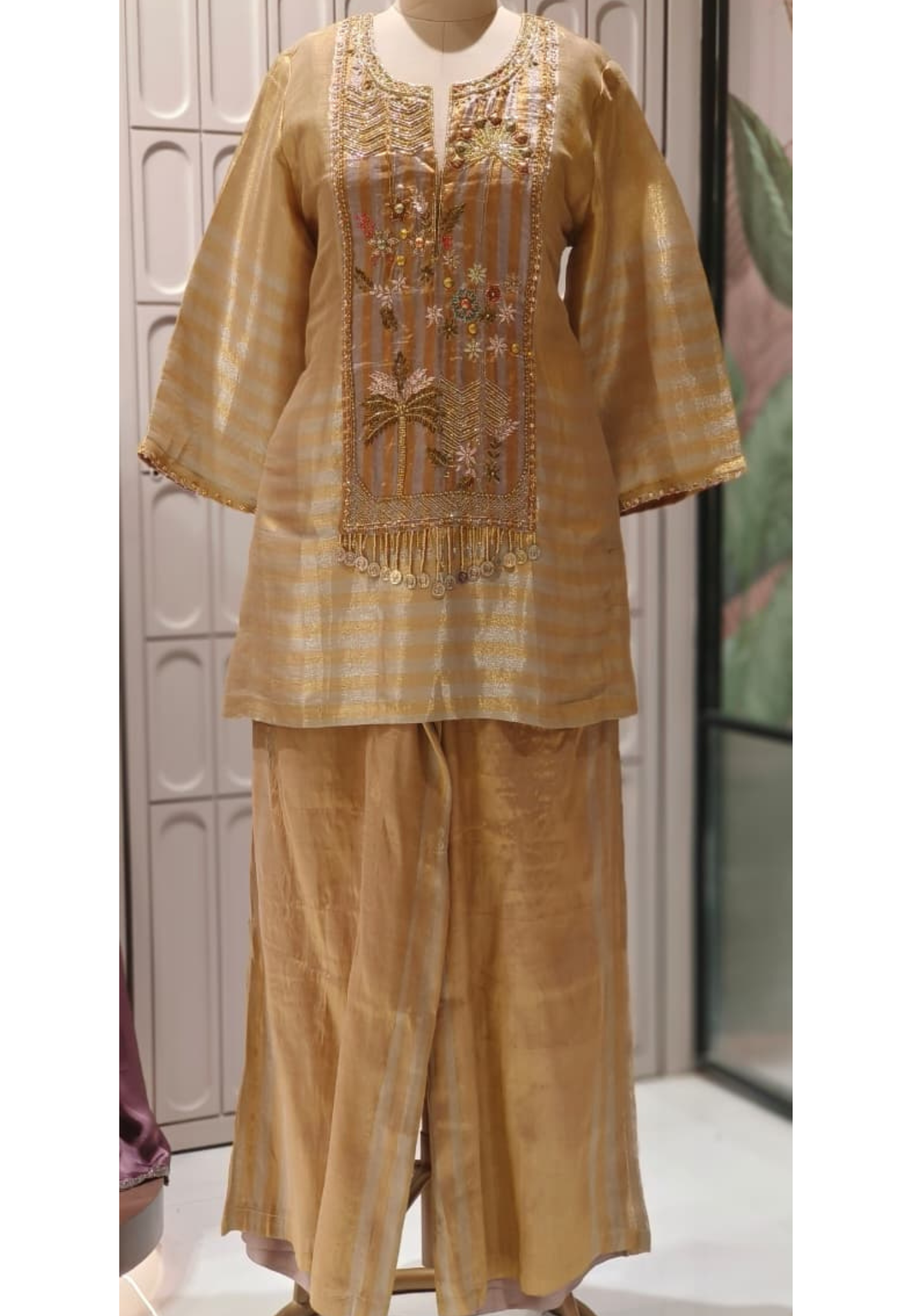 Luxe Premium Tissue Fabric Hand Worked Tasseled Striped Golden Kurta With Loose Bottom- 12384