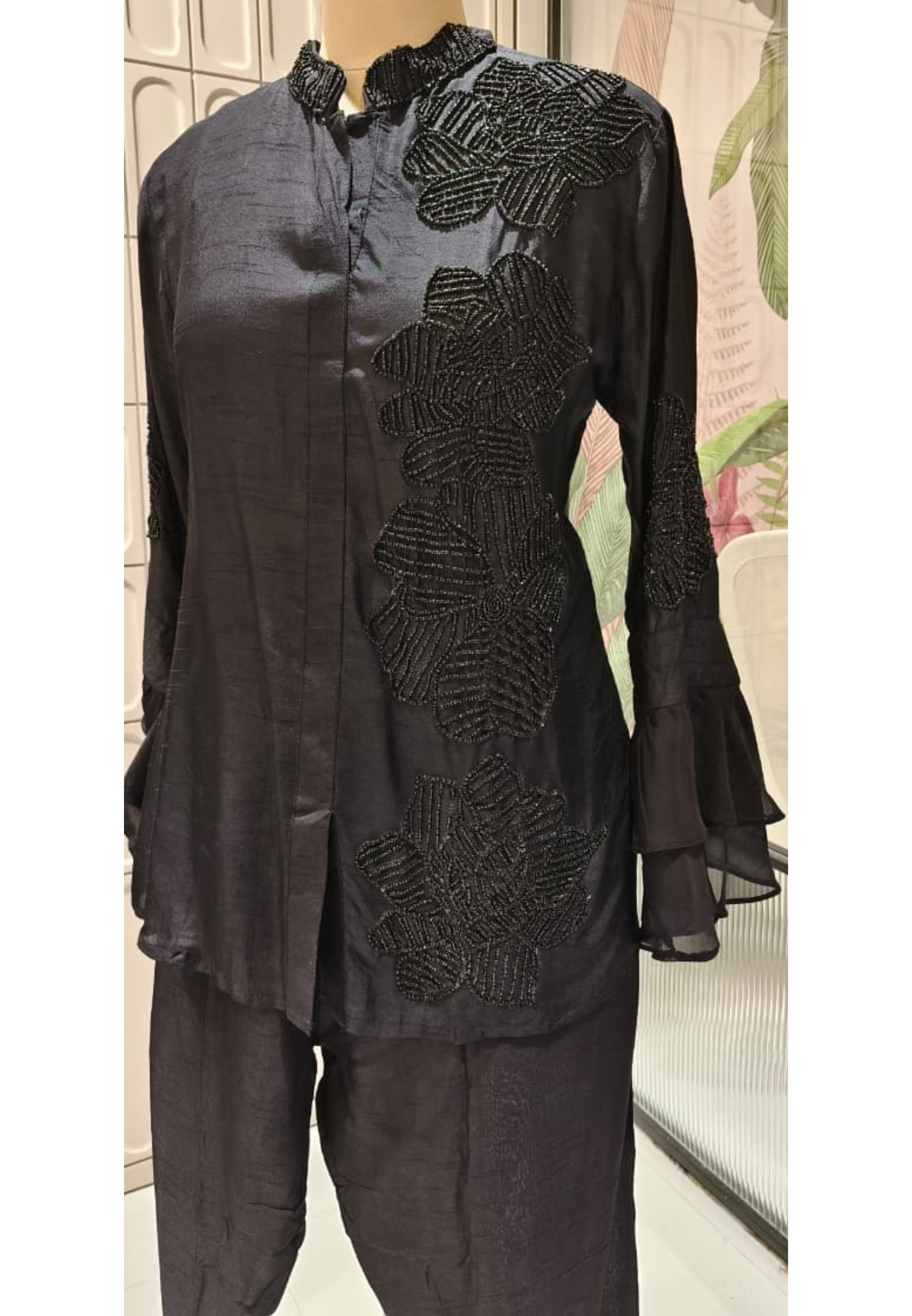 Complete Cut-Dana Floral Embroidery Mandarin Collar Ruffled Sleeve Solid Co-Ord Set- 12396