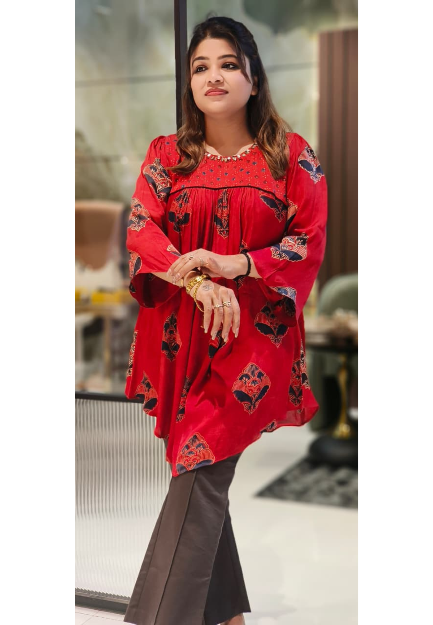 Designer Gajji Silk Short Kurti With Traditional Block Print-12761