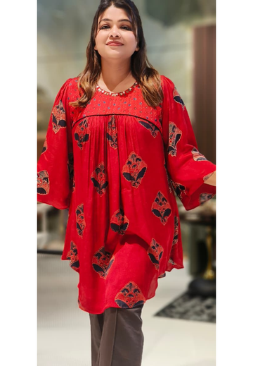 Designer Gajji Silk Short Kurti With Traditional Block Print loose-12761 RB303