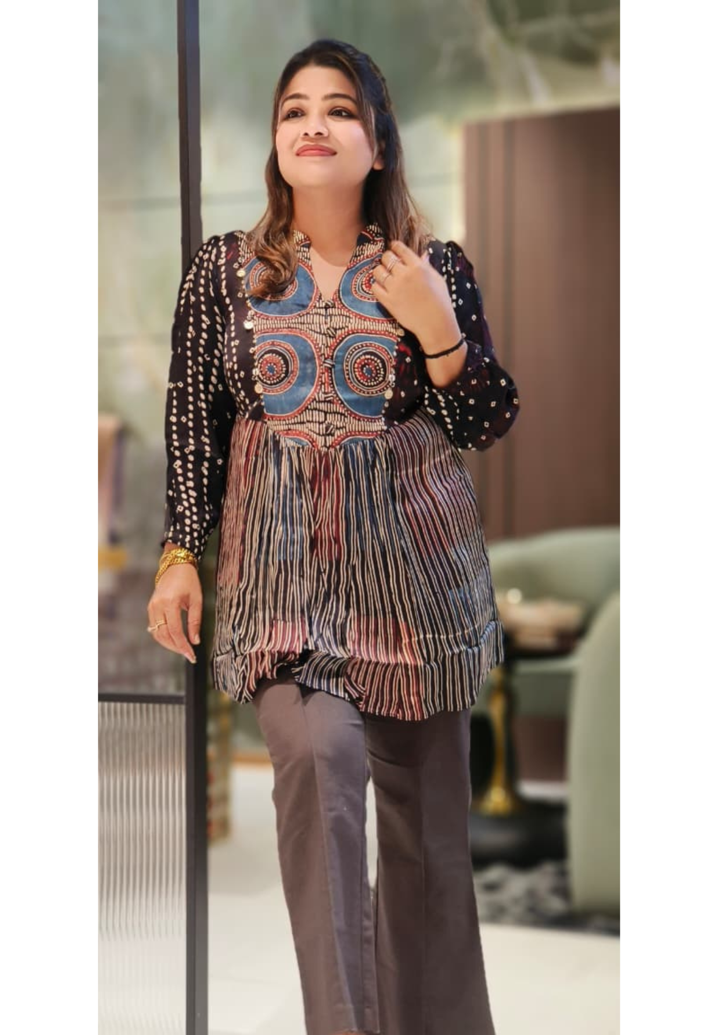 Handcrafted Gajji Silk Short Kurti with Traditional Ajrakh Print, Mirror Work Detailing & Multi-Pattern Panel Design-12762